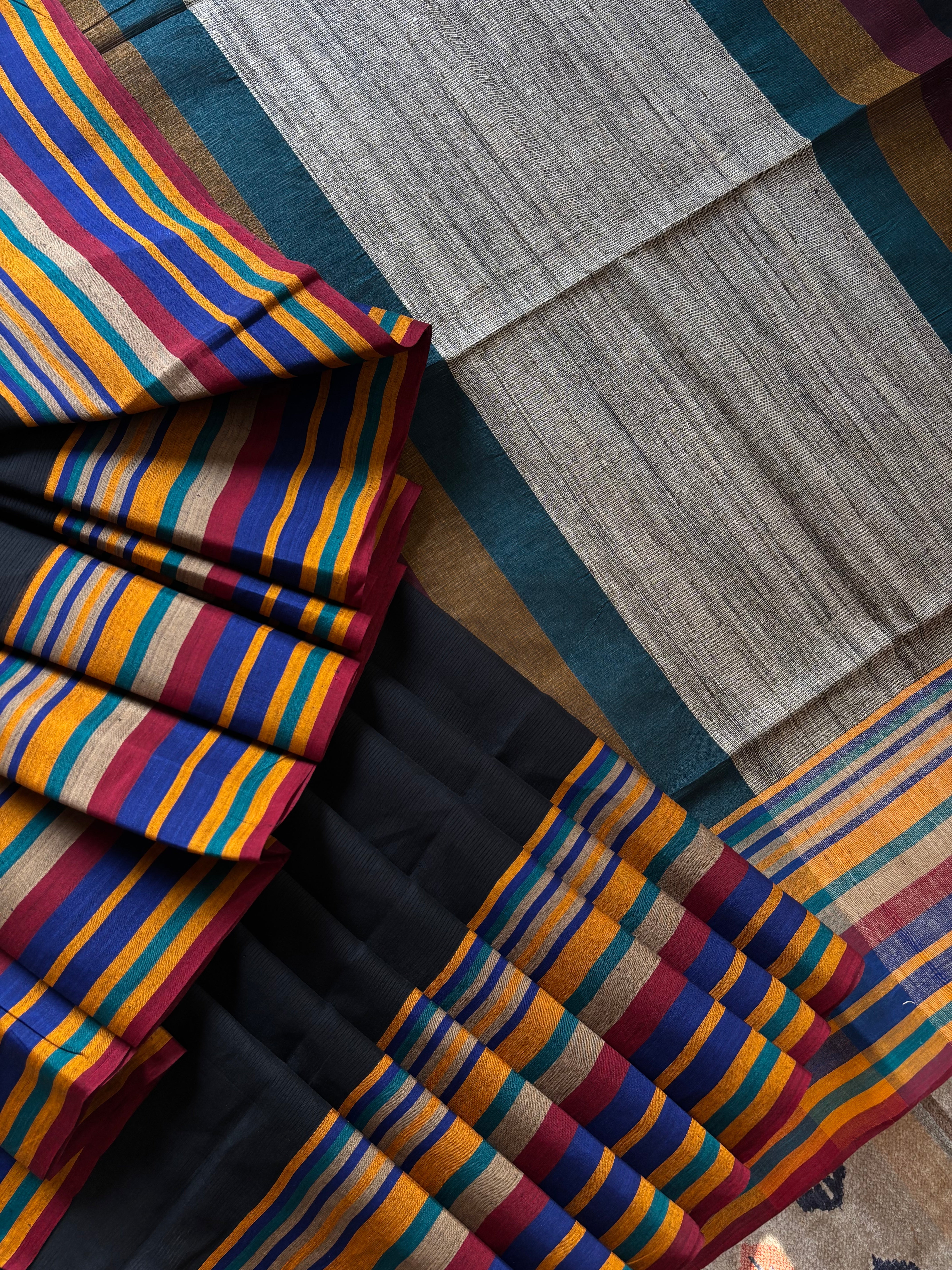 Handwoven Black Multicolour Phulia Cotton Saree