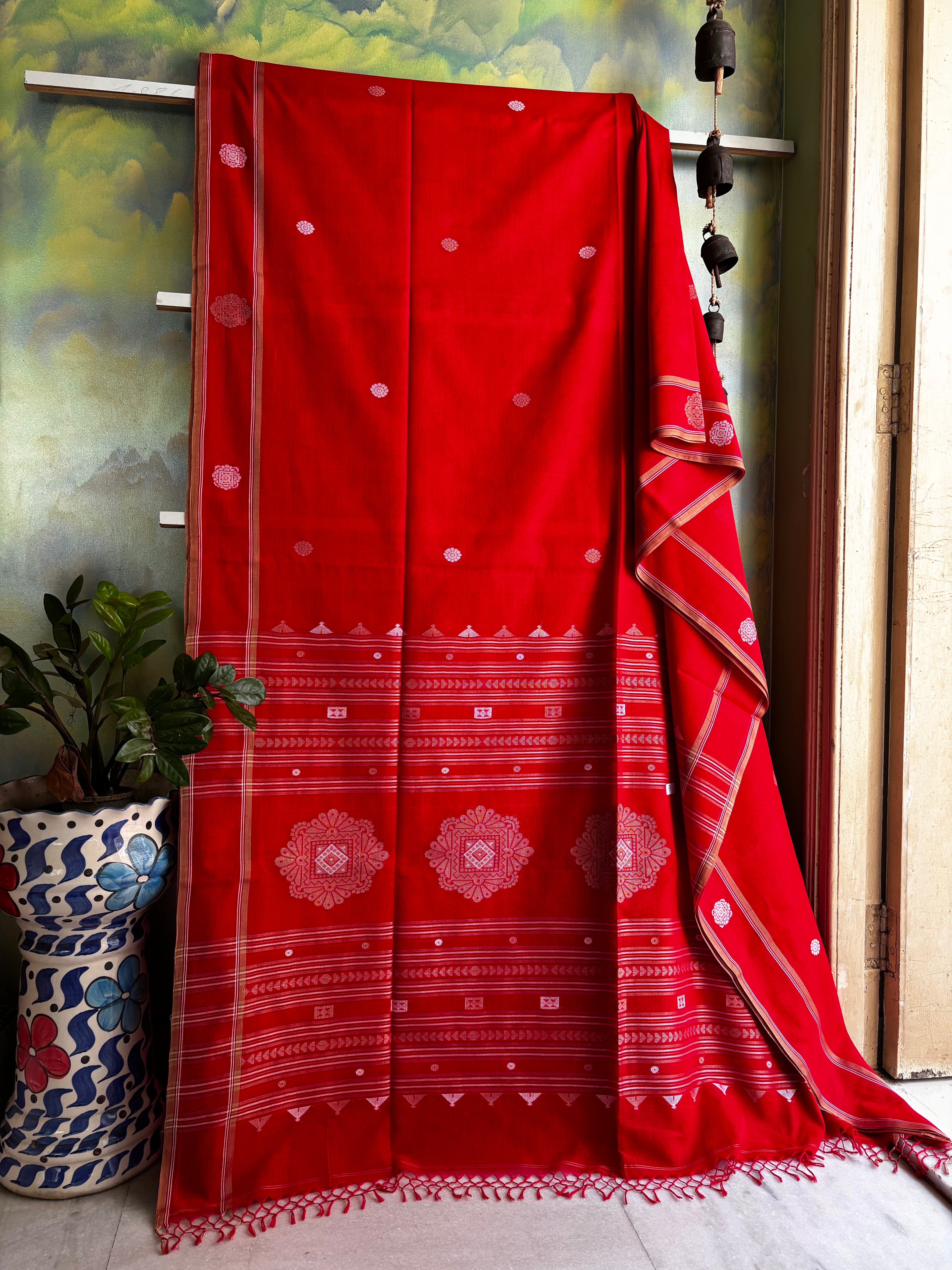 Handwoven Red Colour Cotton Jamdani Saree