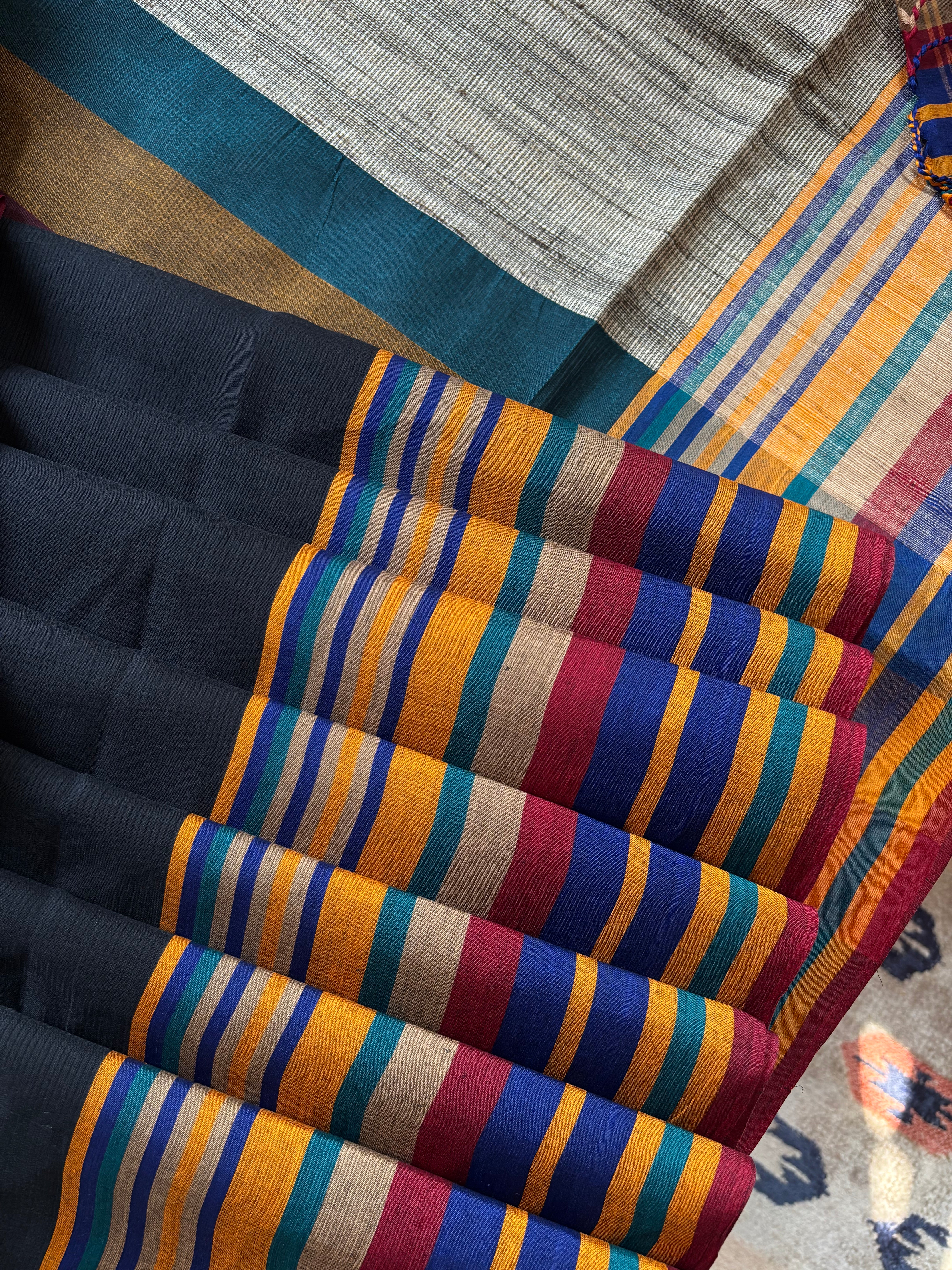 Handwoven Black Multicolour Phulia Cotton Saree