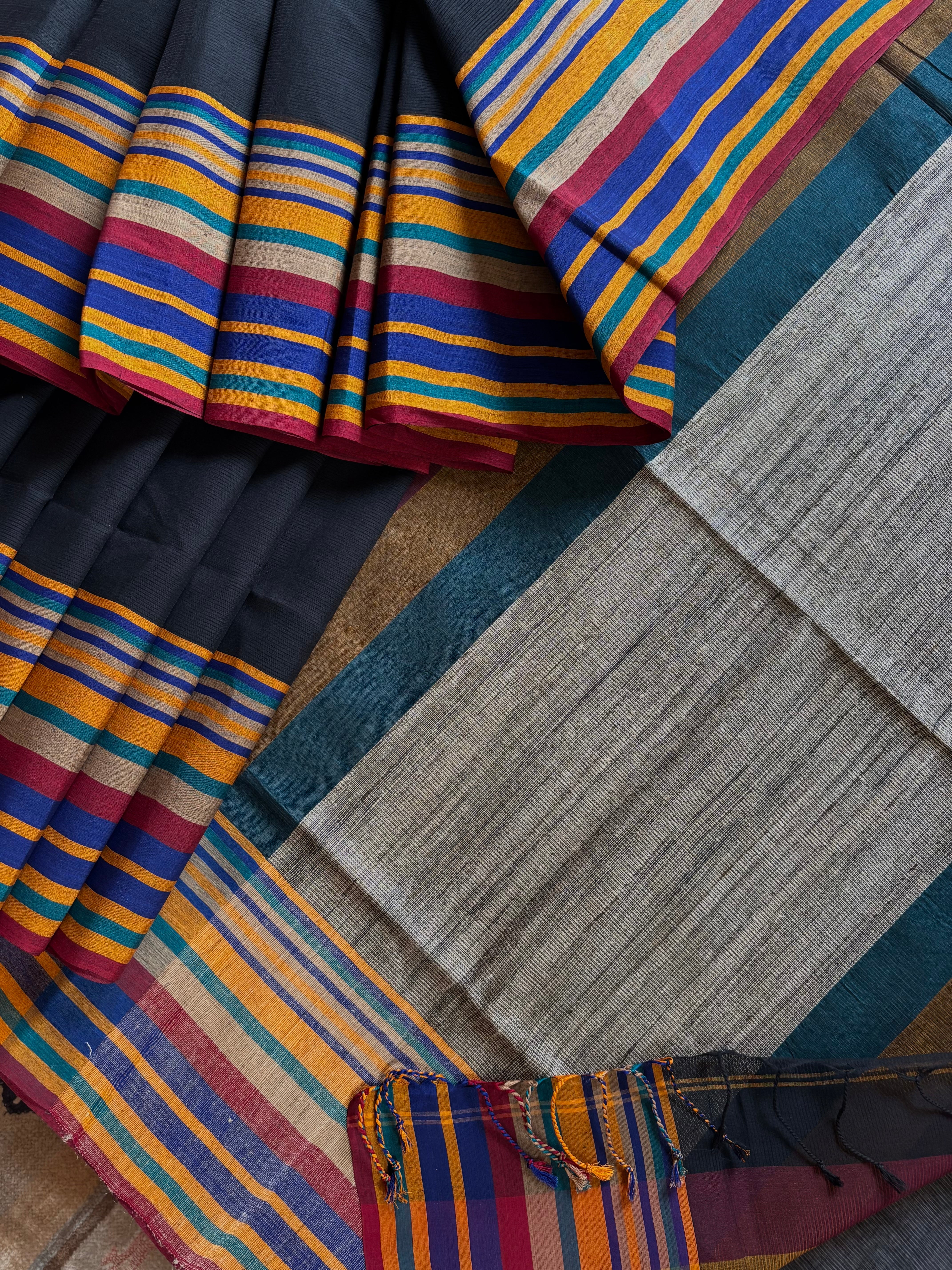 Handwoven Black Multicolour Phulia Cotton Saree