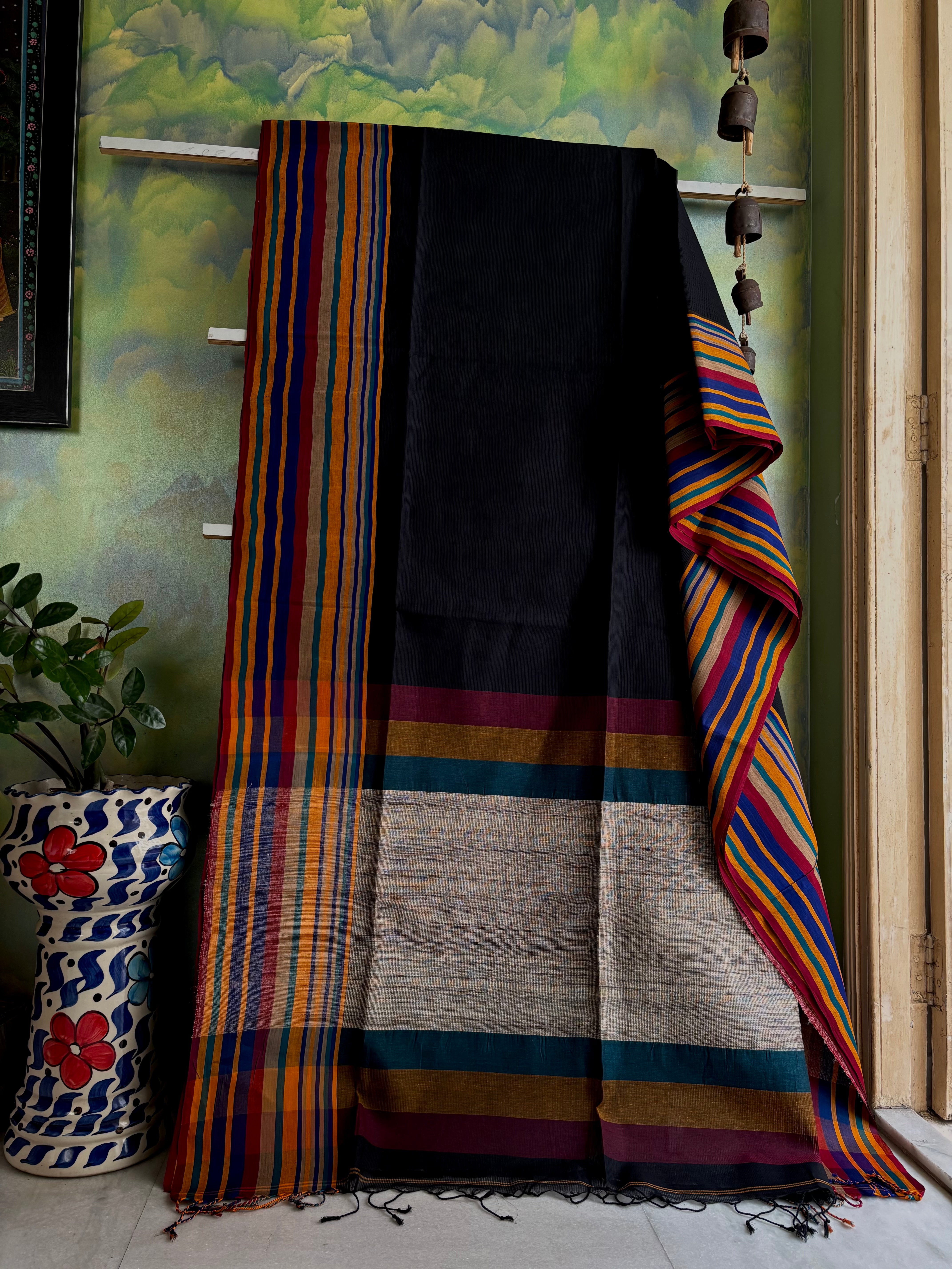 Handwoven Black Multicolour Phulia Cotton Saree