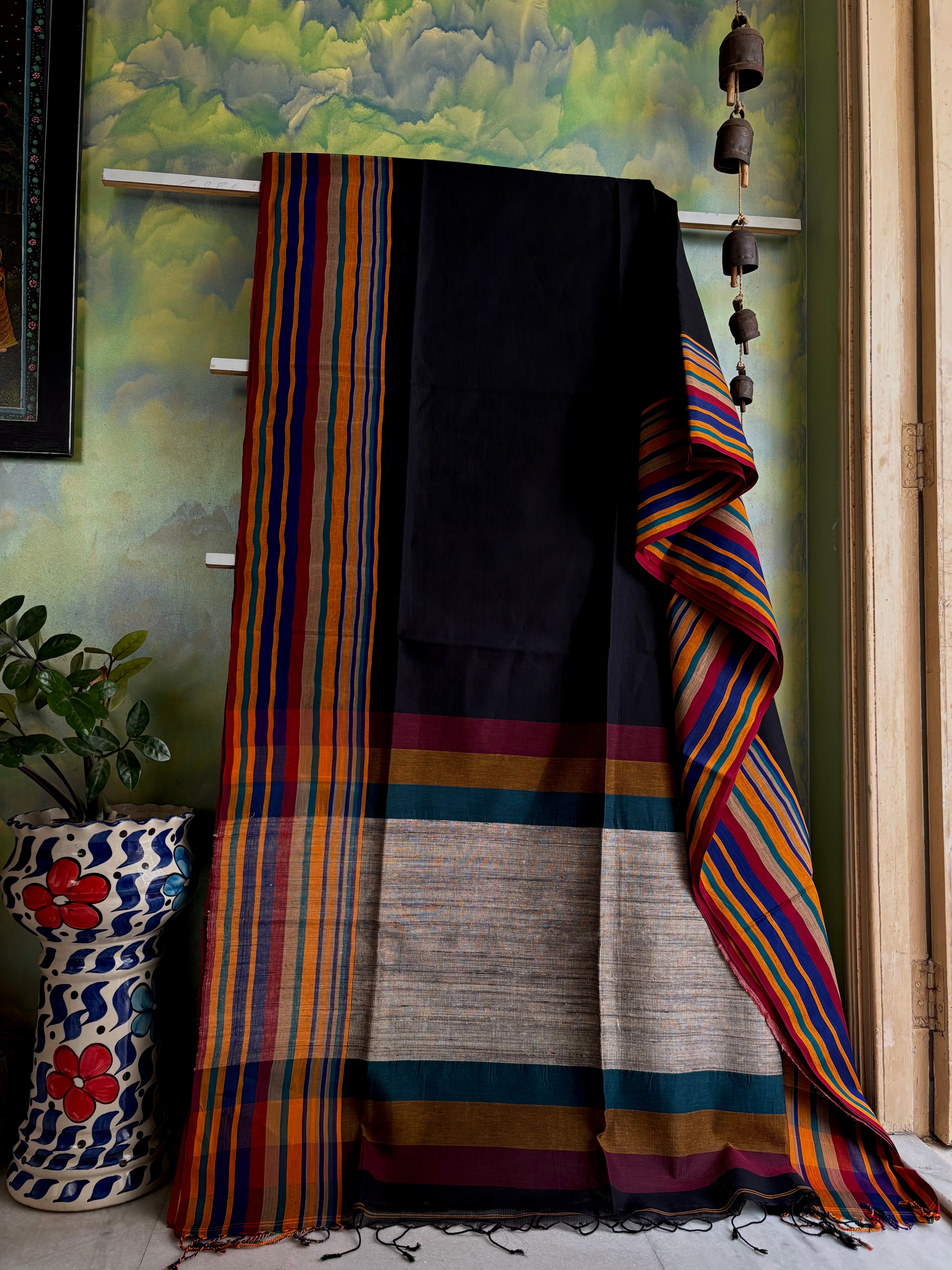 Handwoven Black Multicolour Phulia Cotton Saree