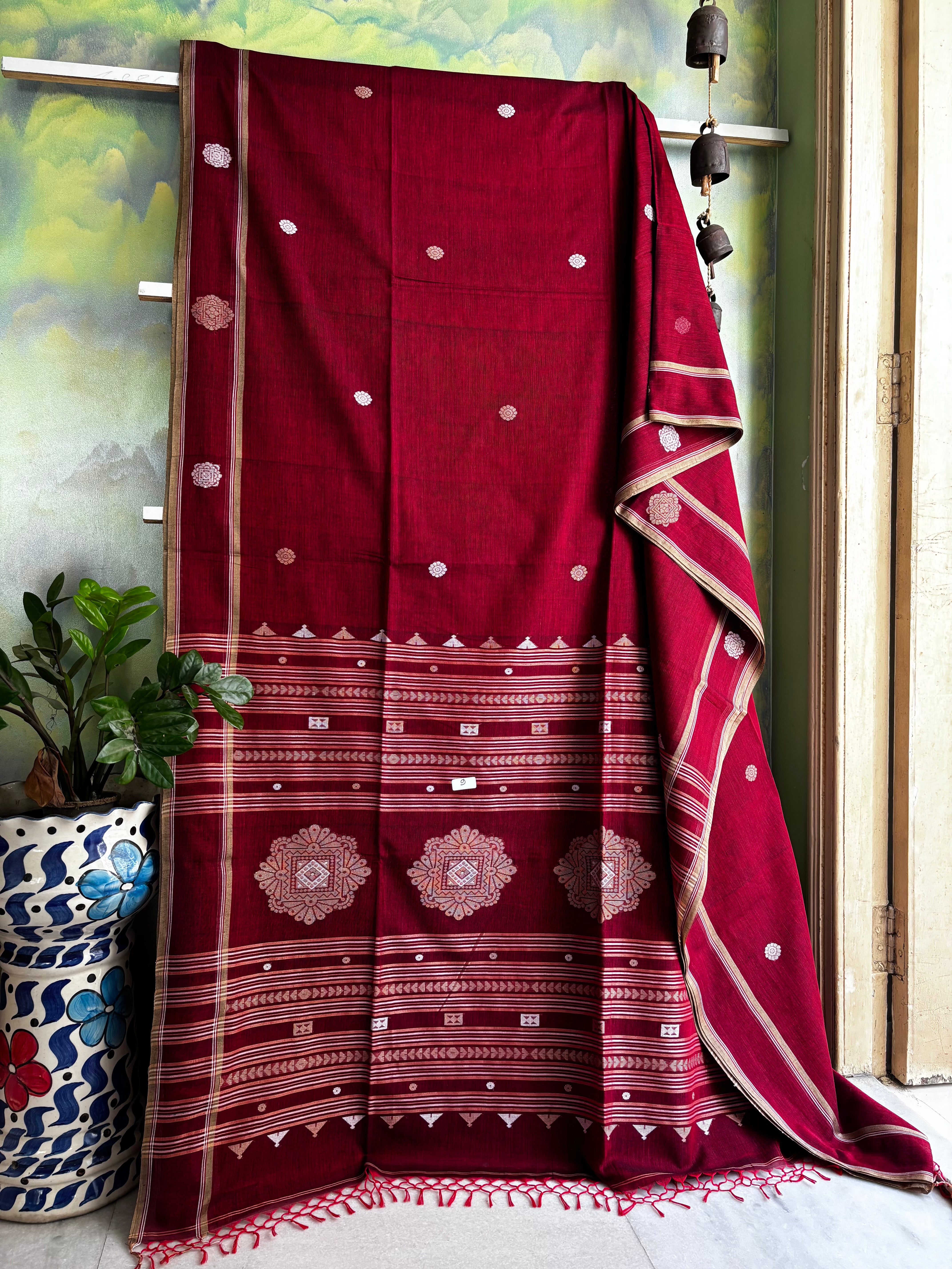 Handwoven Maroon Colour Cotton Jamdani Saree
