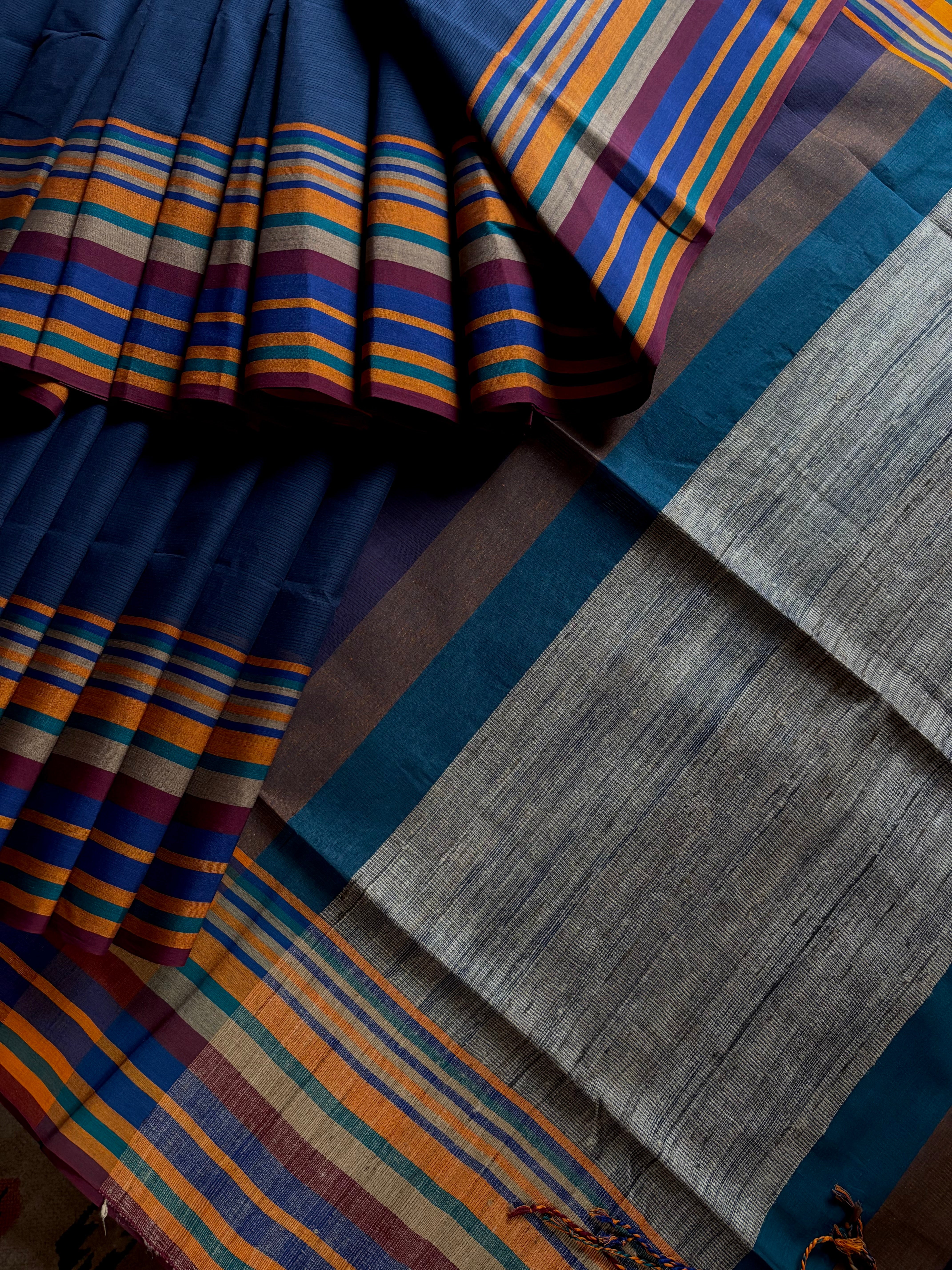 Handwoven Navy Multicolour Phulia Cotton Saree