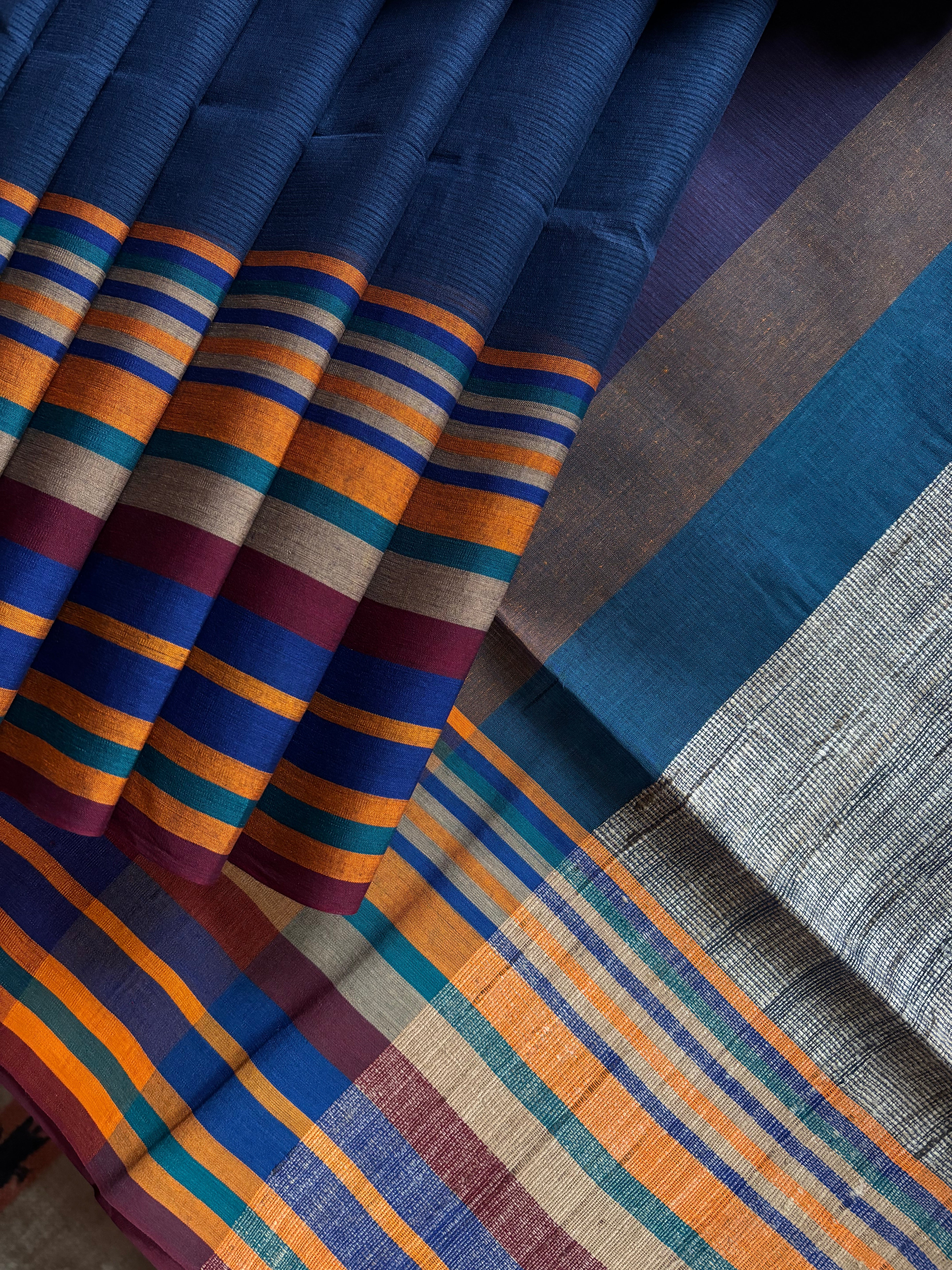 Handwoven Navy Multicolour Phulia Cotton Saree