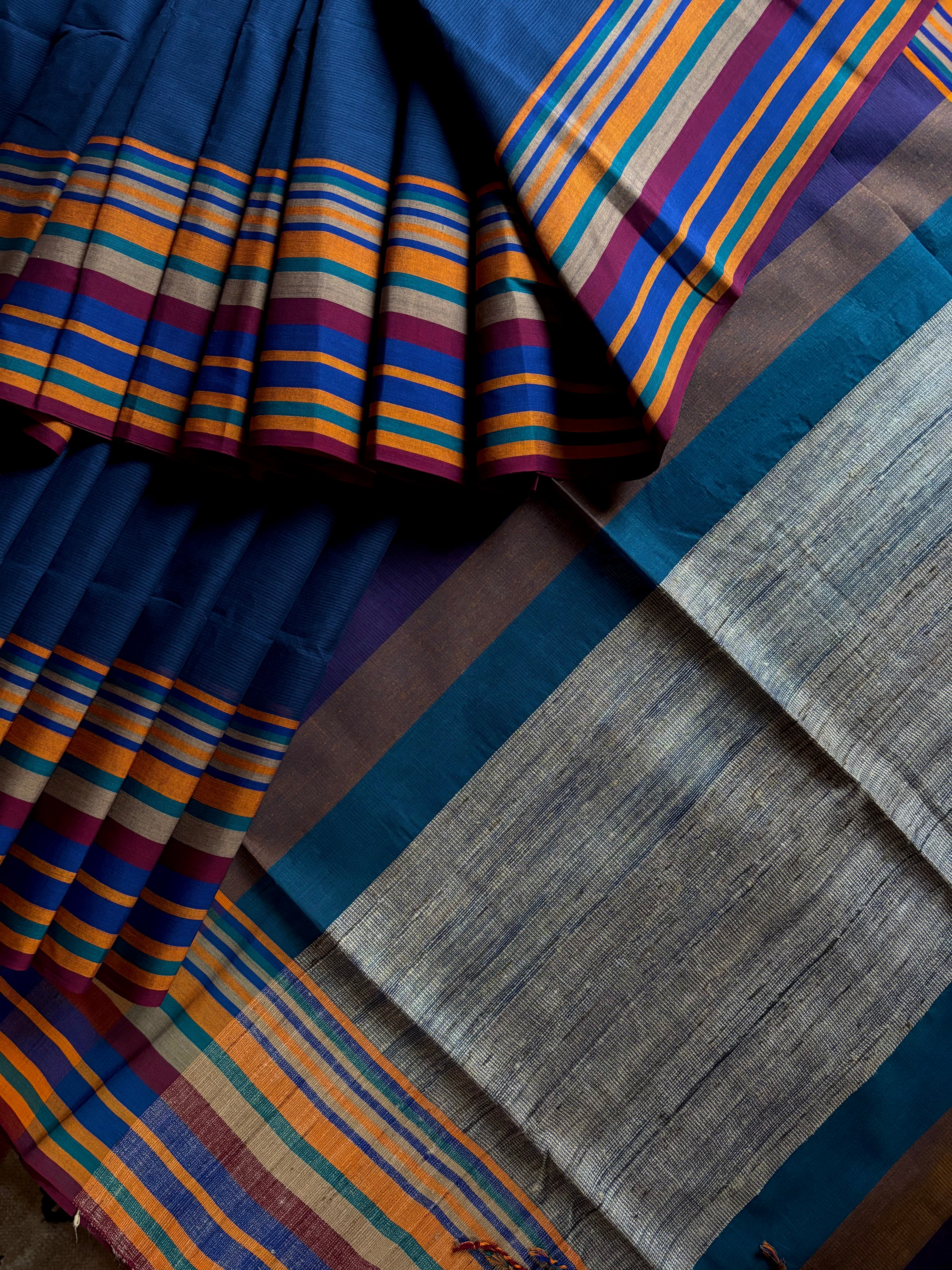 Handwoven Navy Multicolour Phulia Cotton Saree