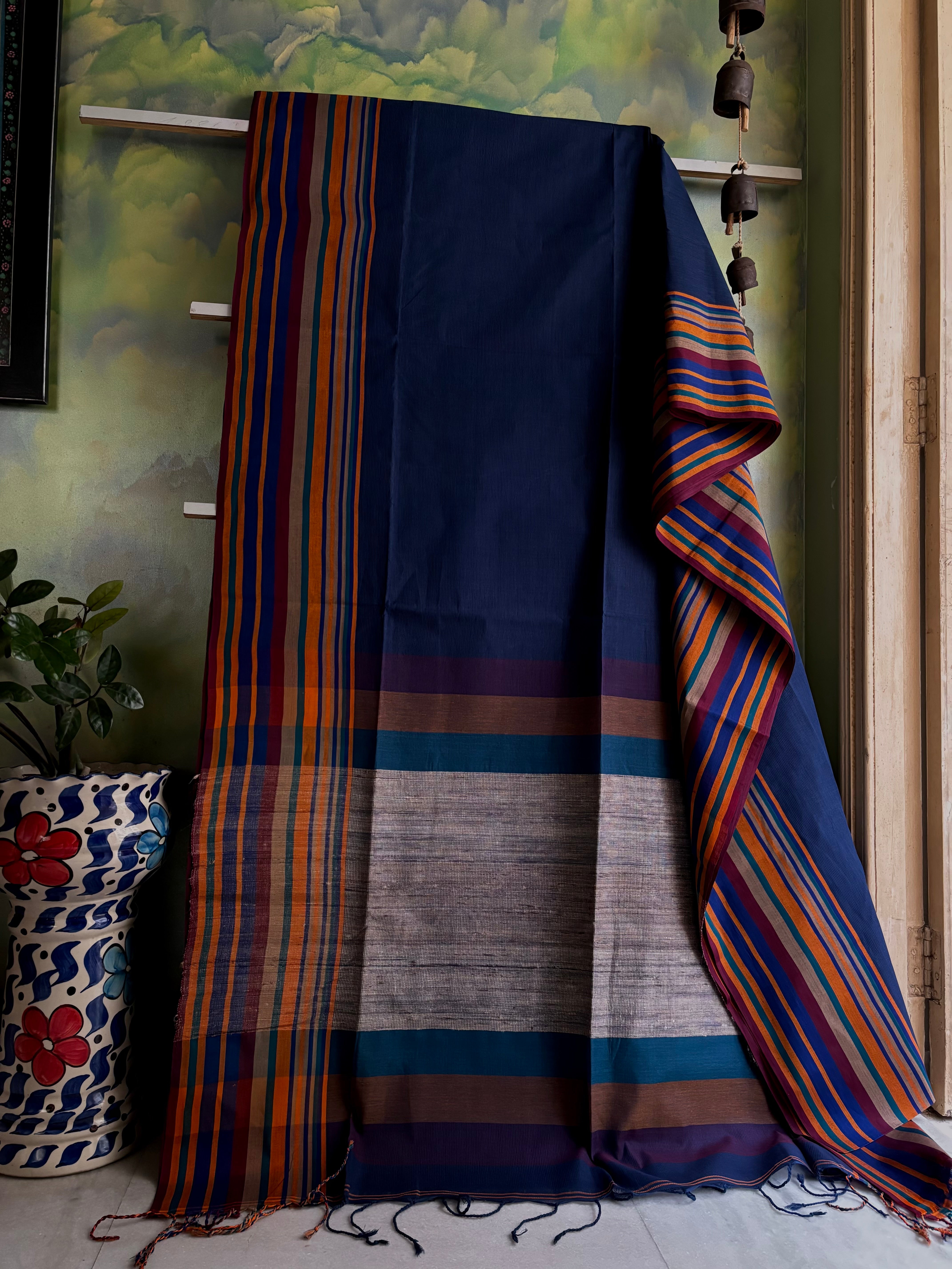 Handwoven Navy Multicolour Phulia Cotton Saree