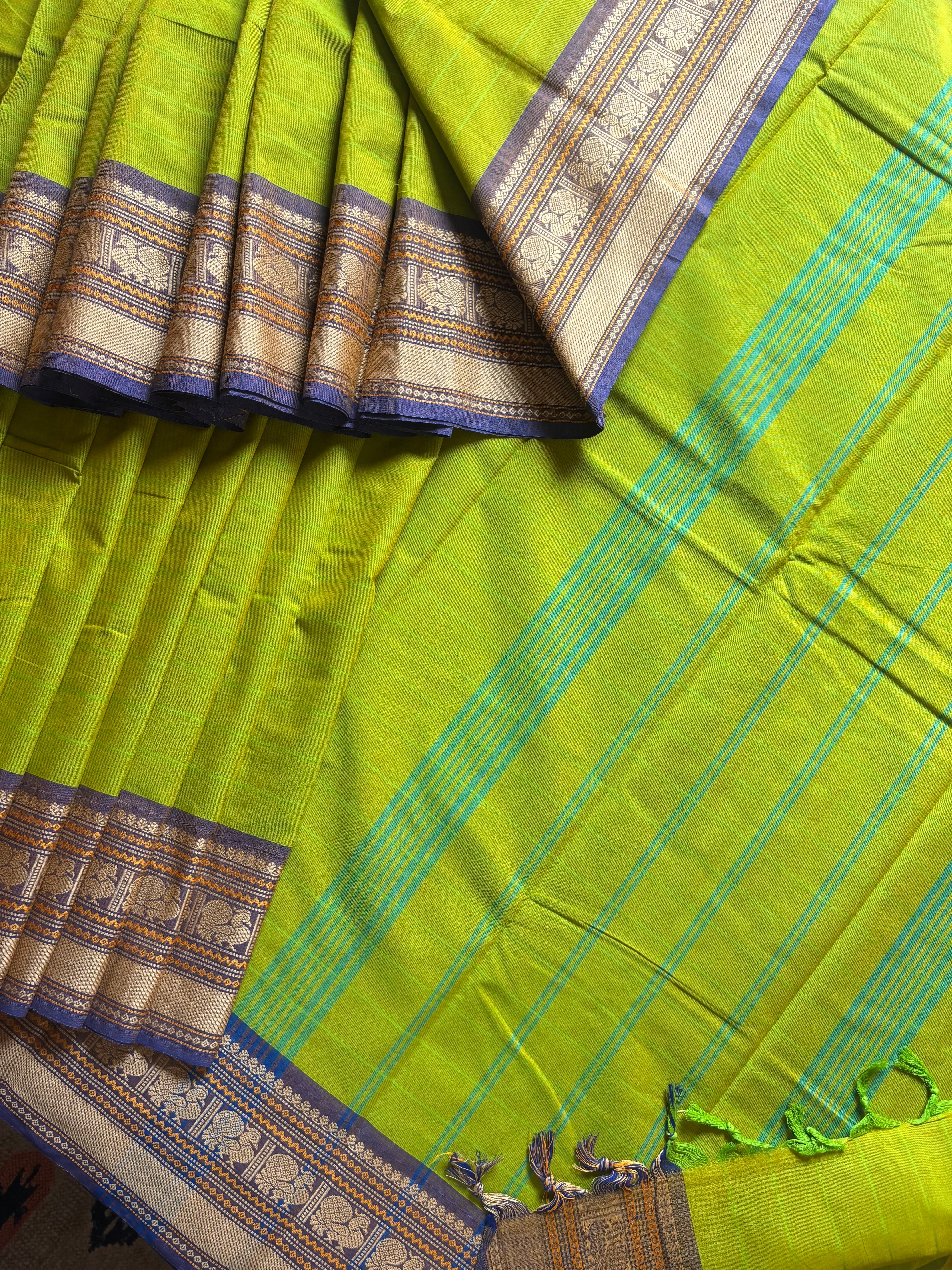 Lime Green Colour Cotton Kanchipuram Saree