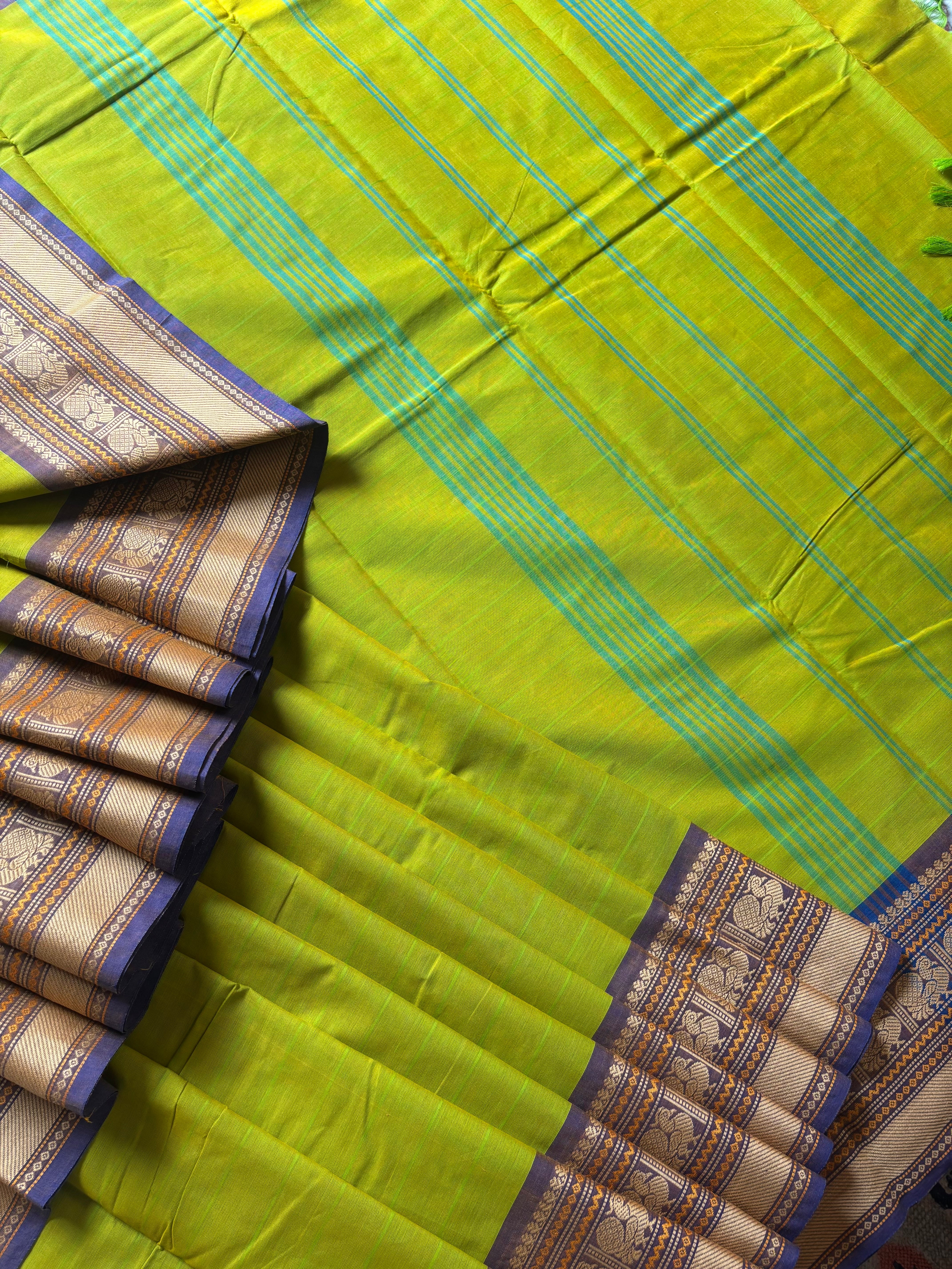 Lime Green Colour Cotton Kanchipuram Saree