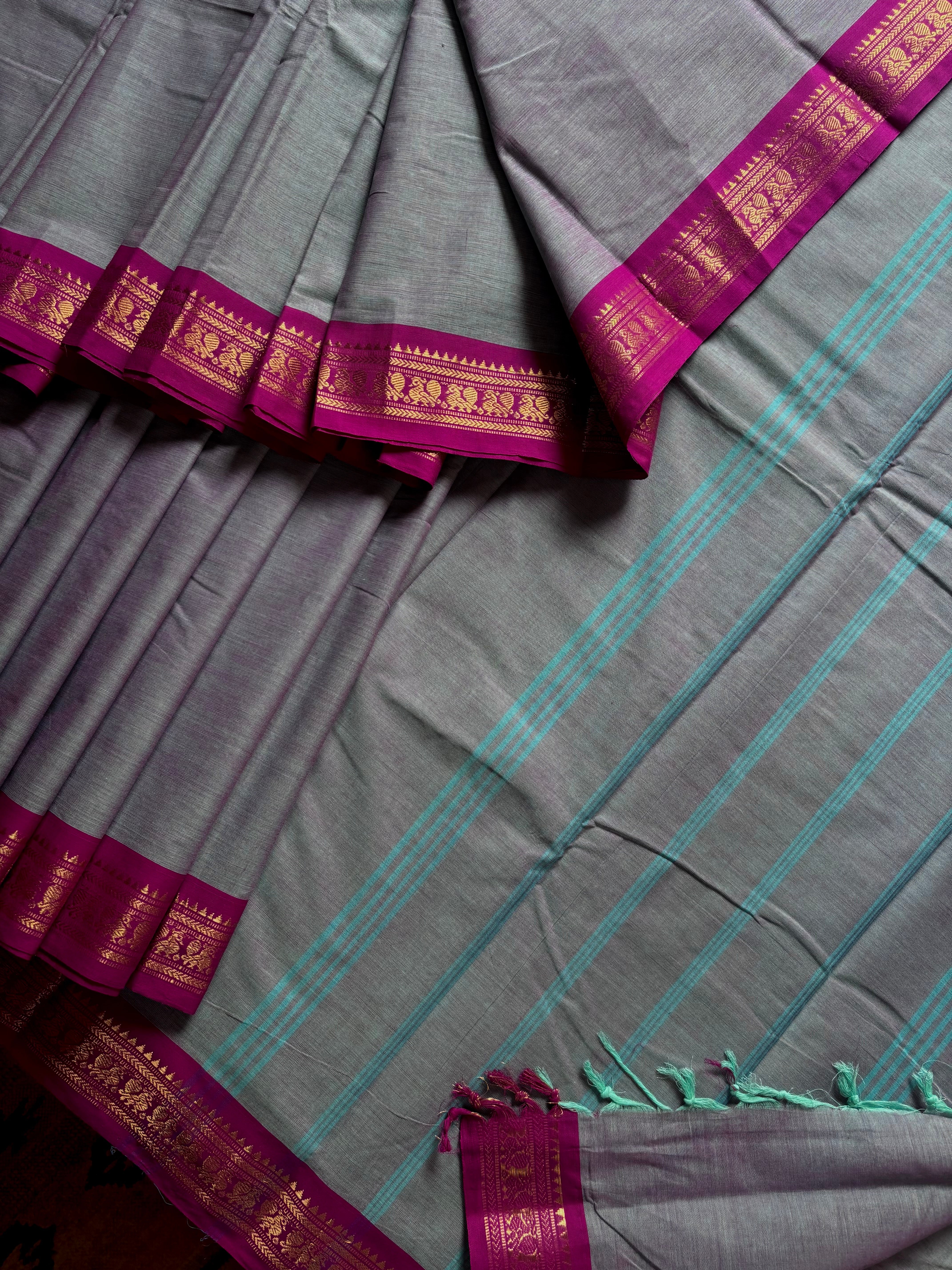 Pure Cotton Grey Rani Kanchipuram Saree