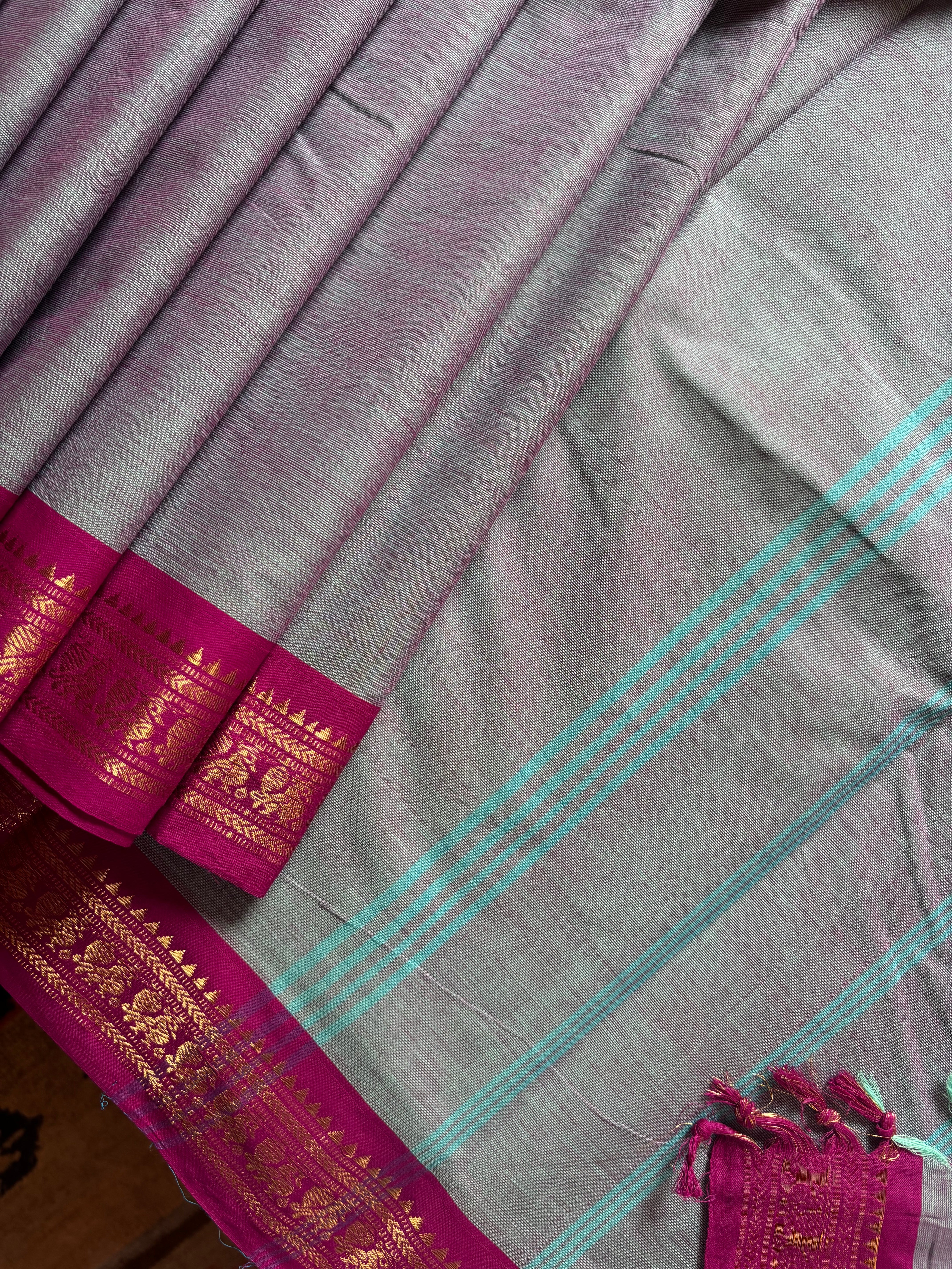 Pure Cotton Grey Rani Kanchipuram Saree