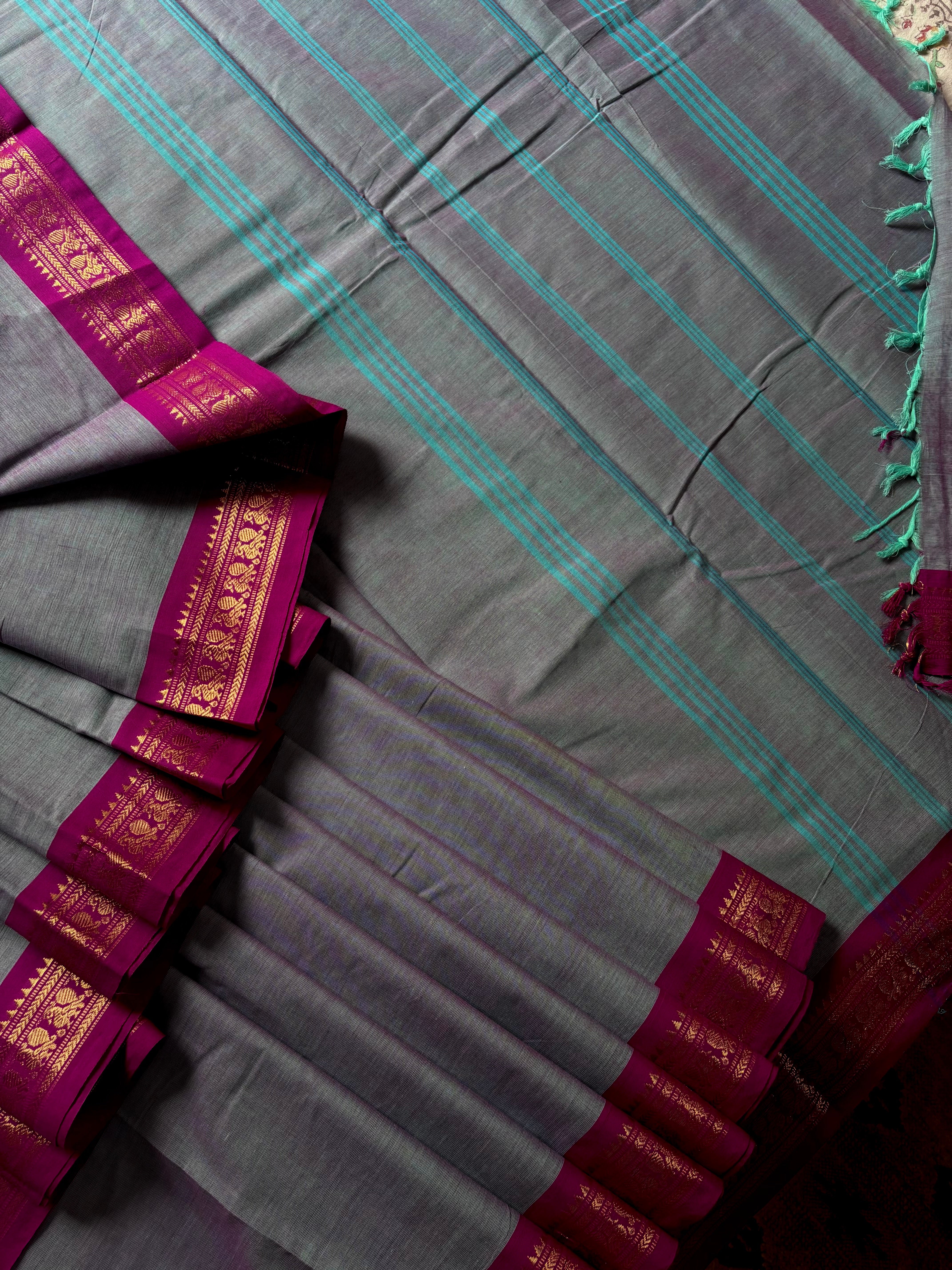 Pure Cotton Grey Rani Kanchipuram Saree