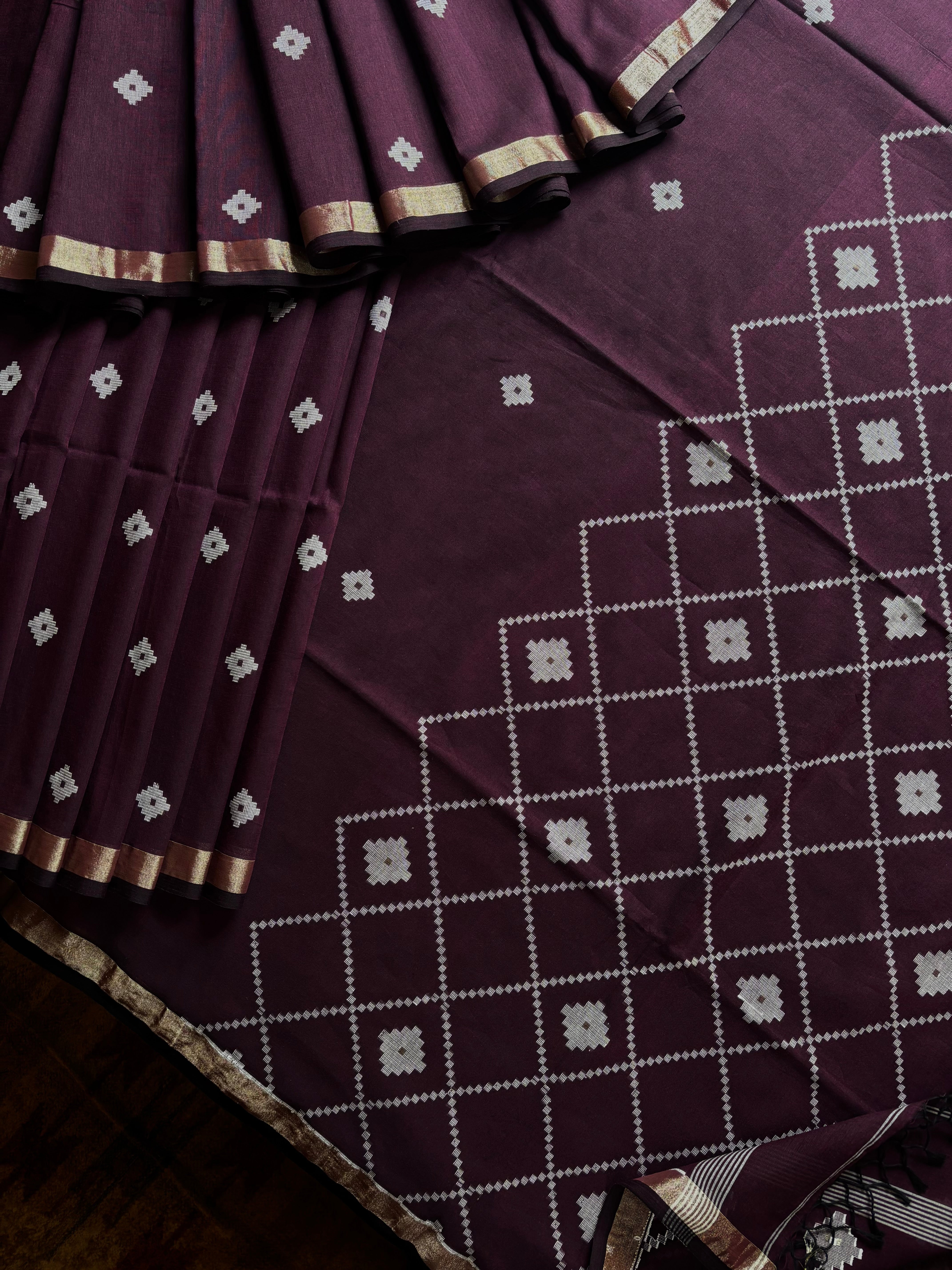 Handwoven Dark Plum Colour Cotton Jamdani Saree