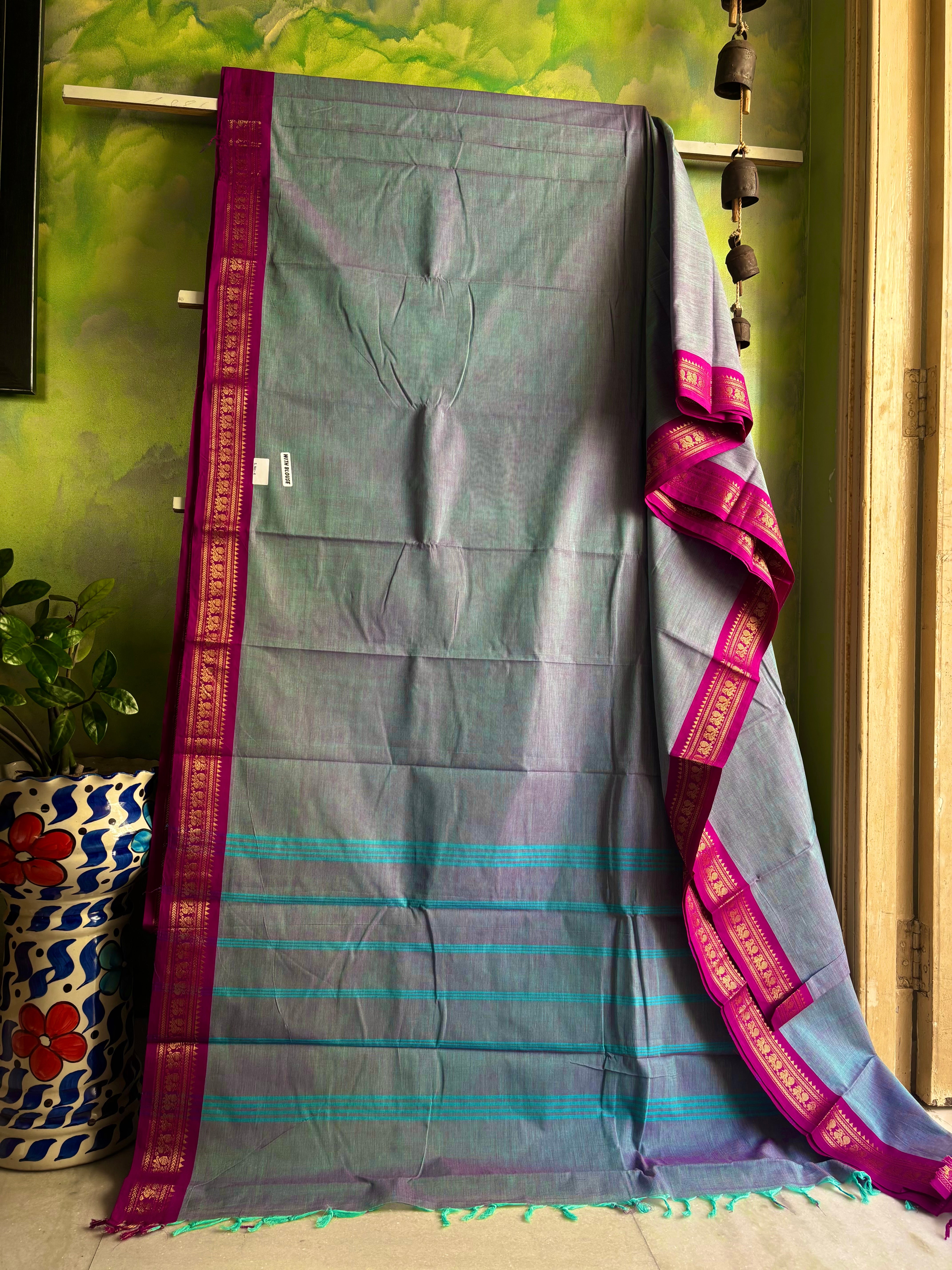 Pure Cotton Grey Rani Kanchipuram Saree