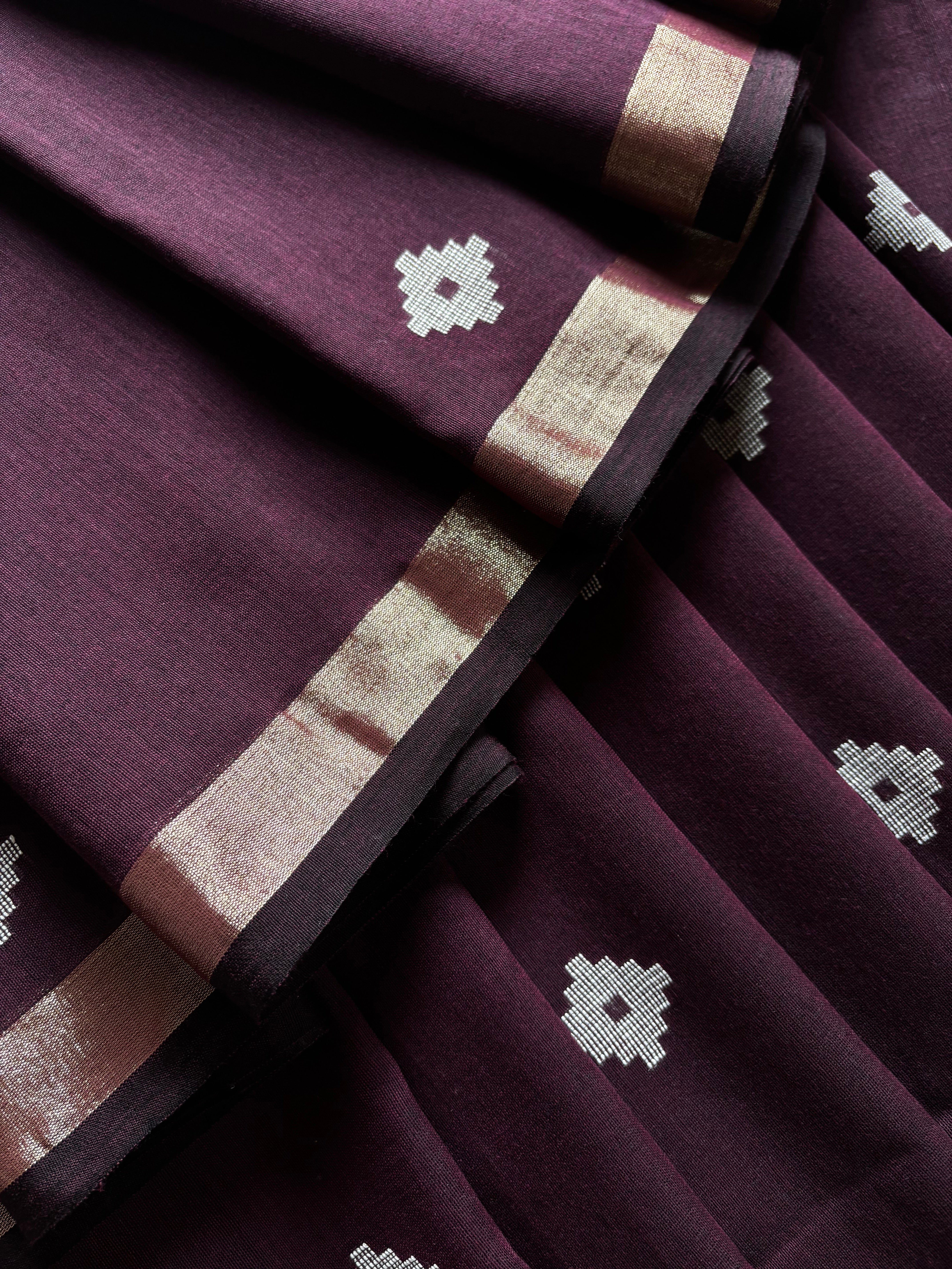 Handwoven Dark Plum Colour Cotton Jamdani Saree