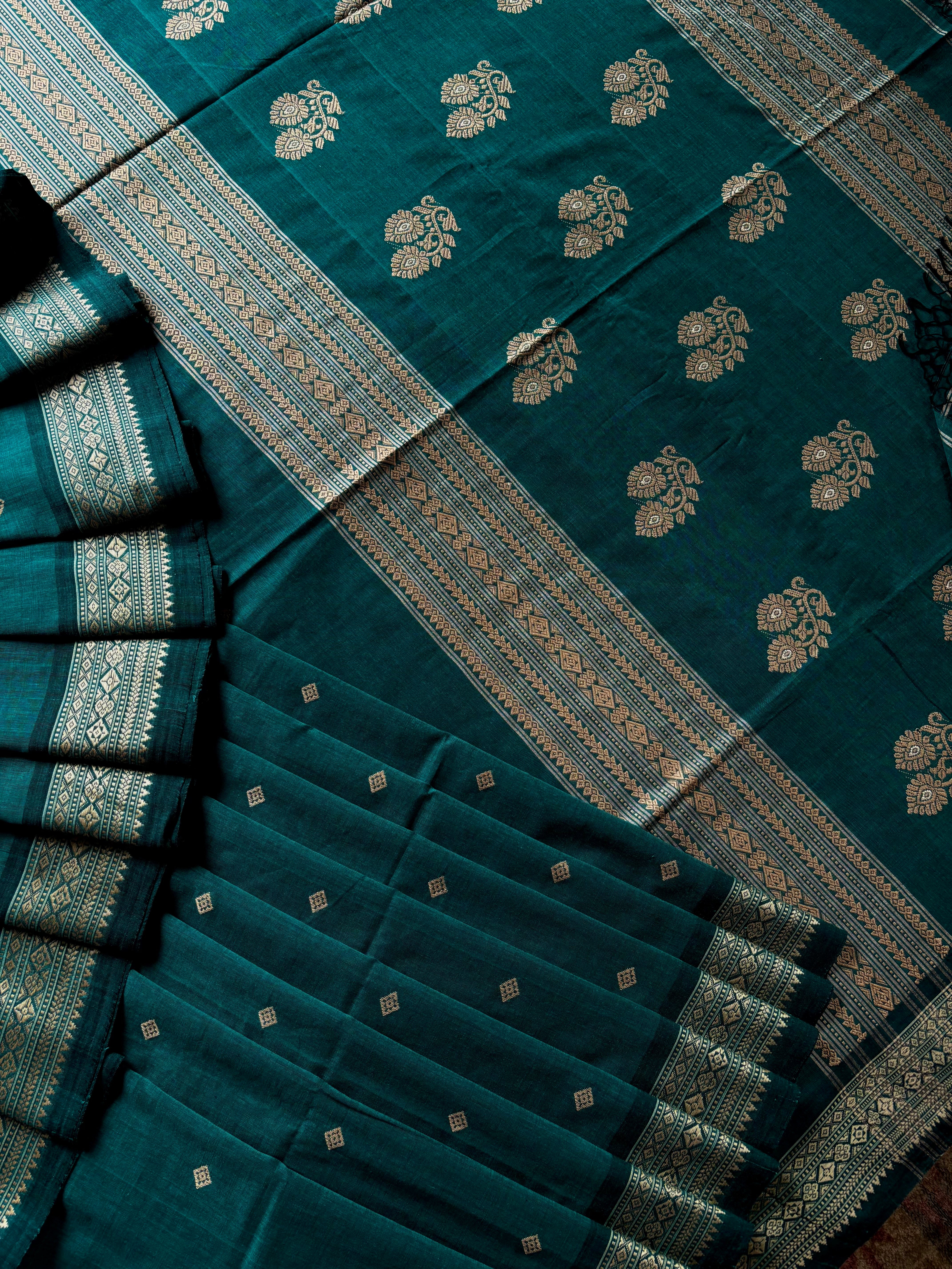 Handwoven Turquoise Green Colour Phulia Cotton Saree