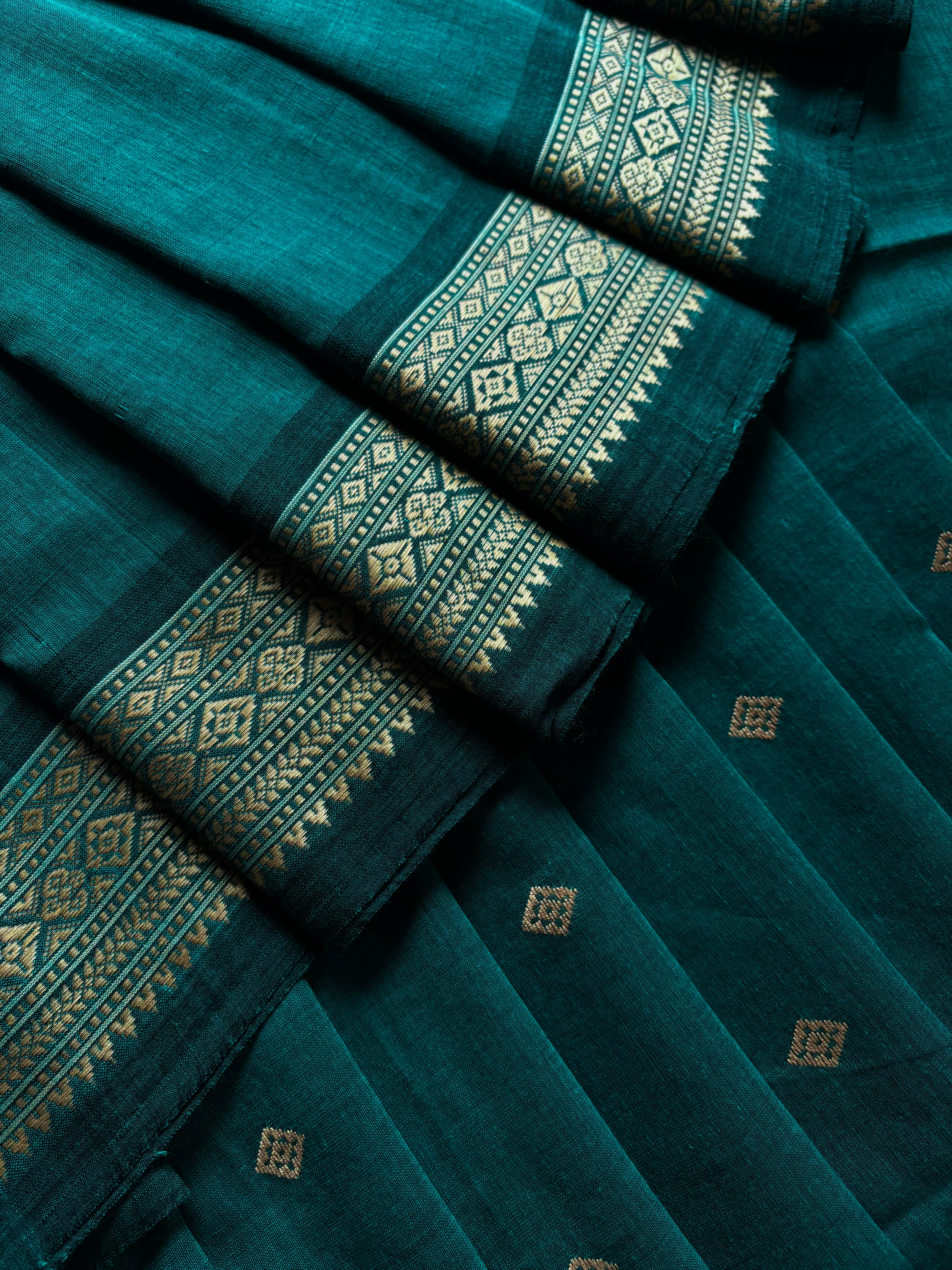 Handwoven Turquoise Green Colour Phulia Cotton Saree