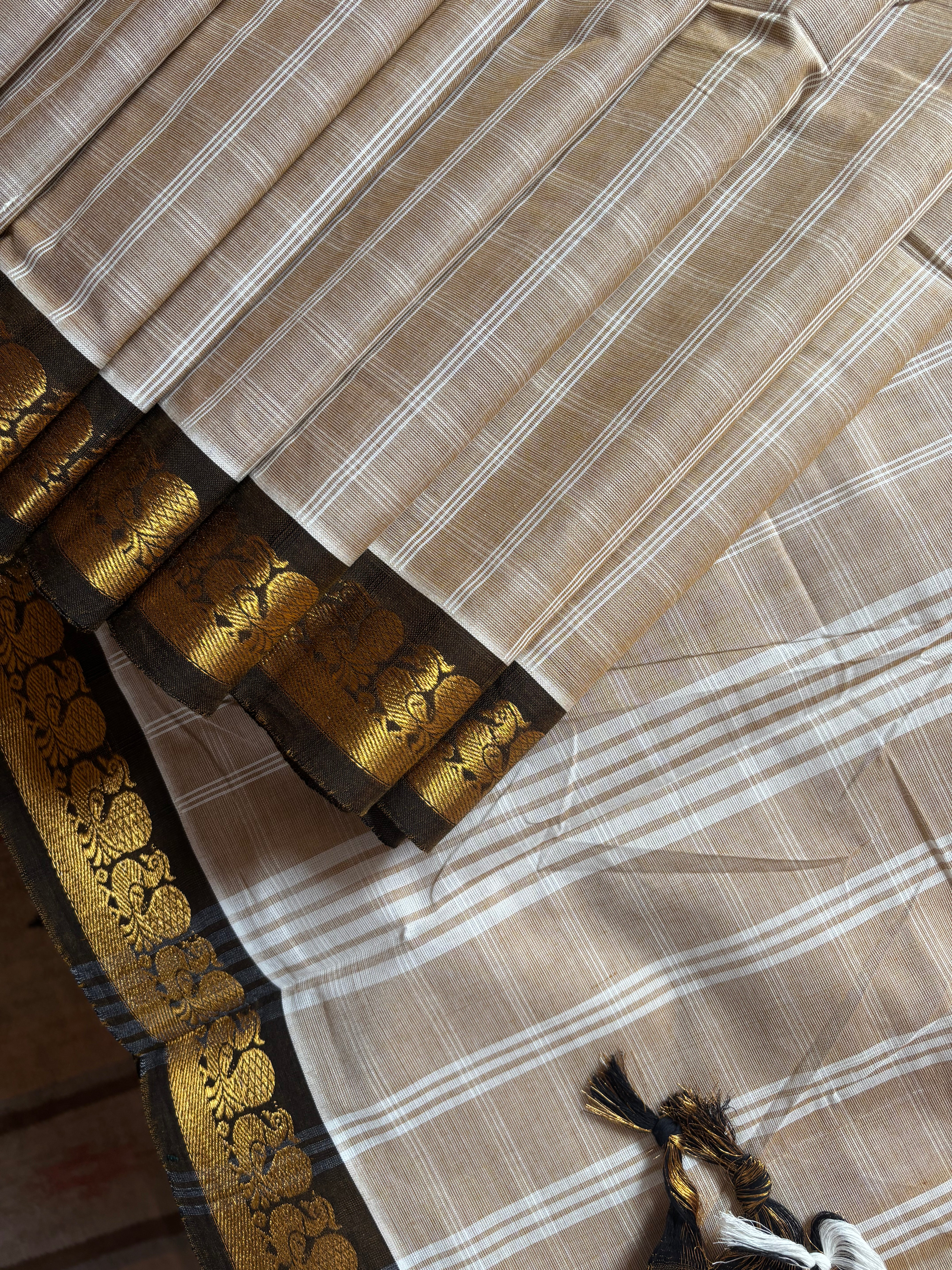 Pure Cotton Beige Black Colour Kanchipuram Saree