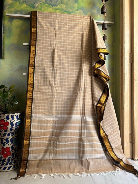 Pure Cotton Beige Black Colour Kanchipuram Saree