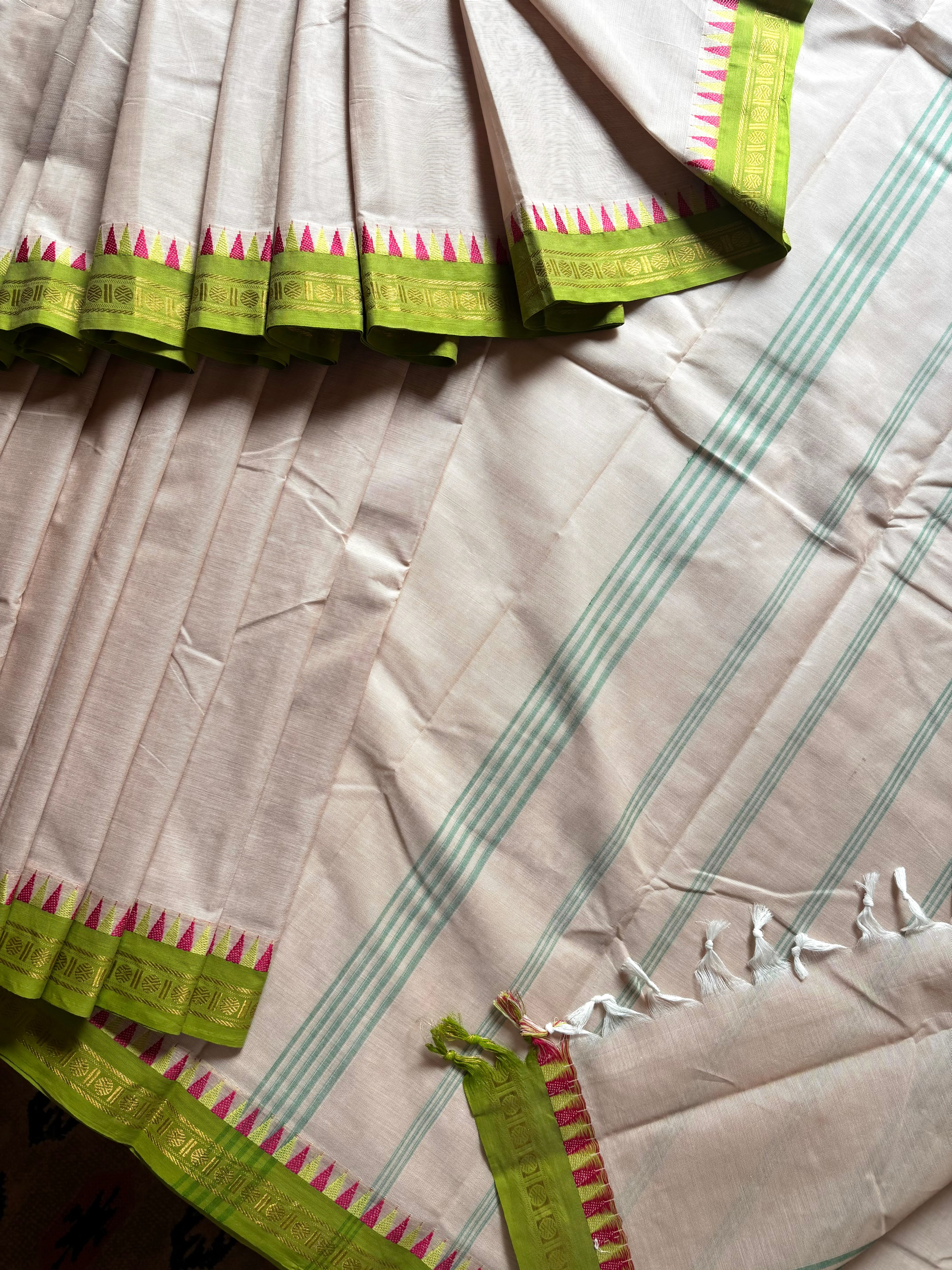 Pure Cotton Beige Green Kanchipuram saree