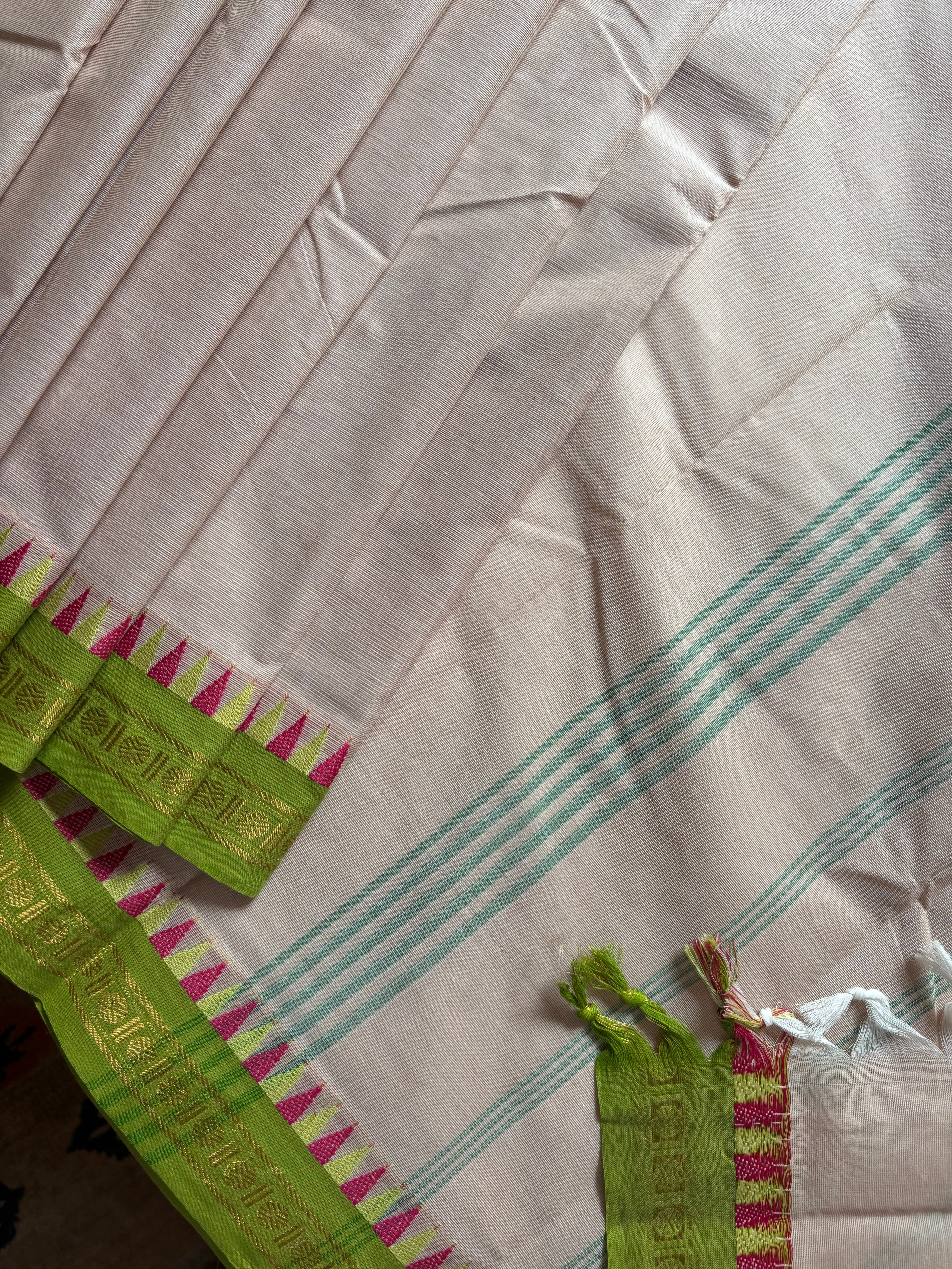 Pure Cotton Beige Green Kanchipuram saree