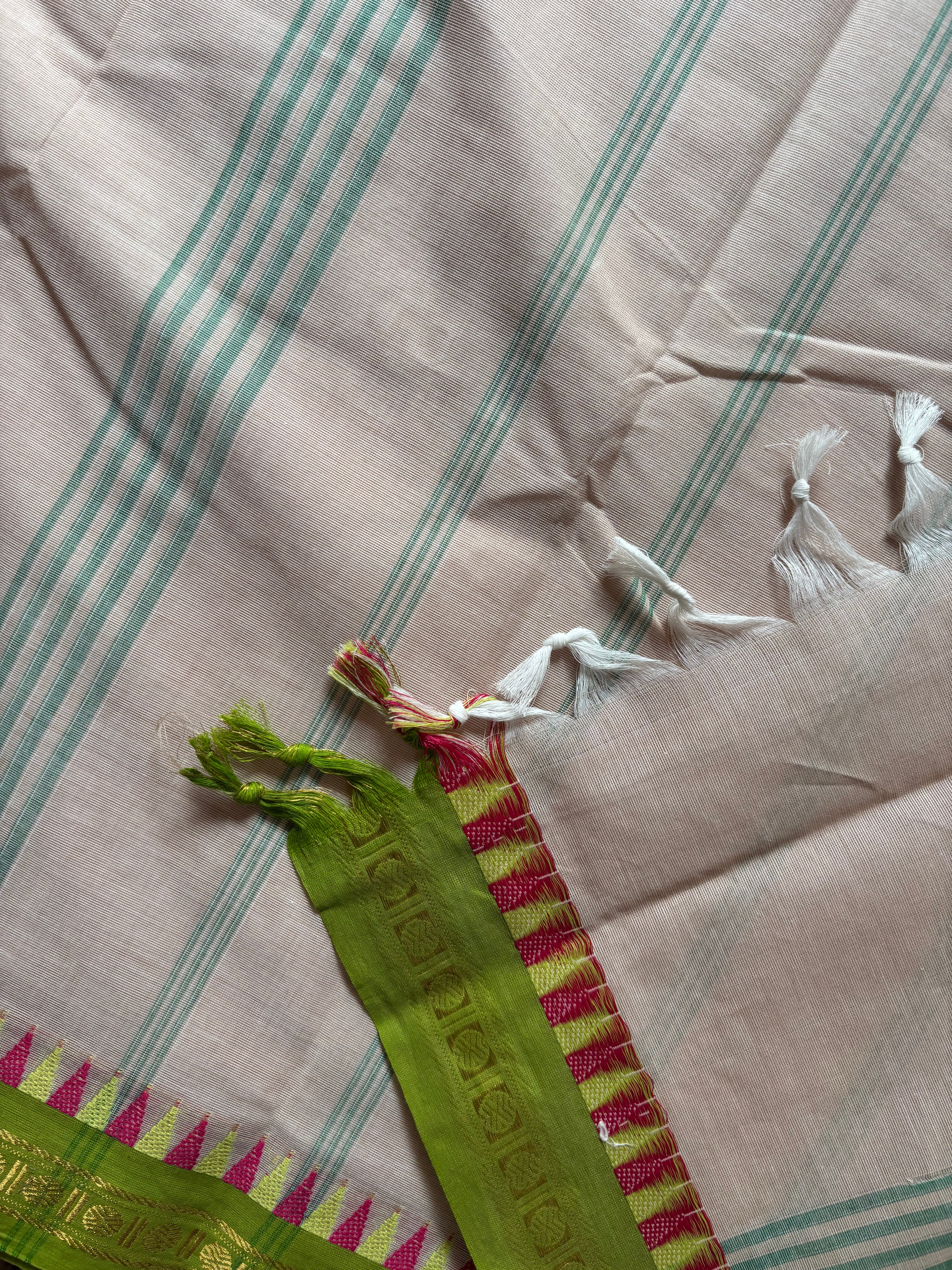 Pure Cotton Beige Green Kanchipuram saree