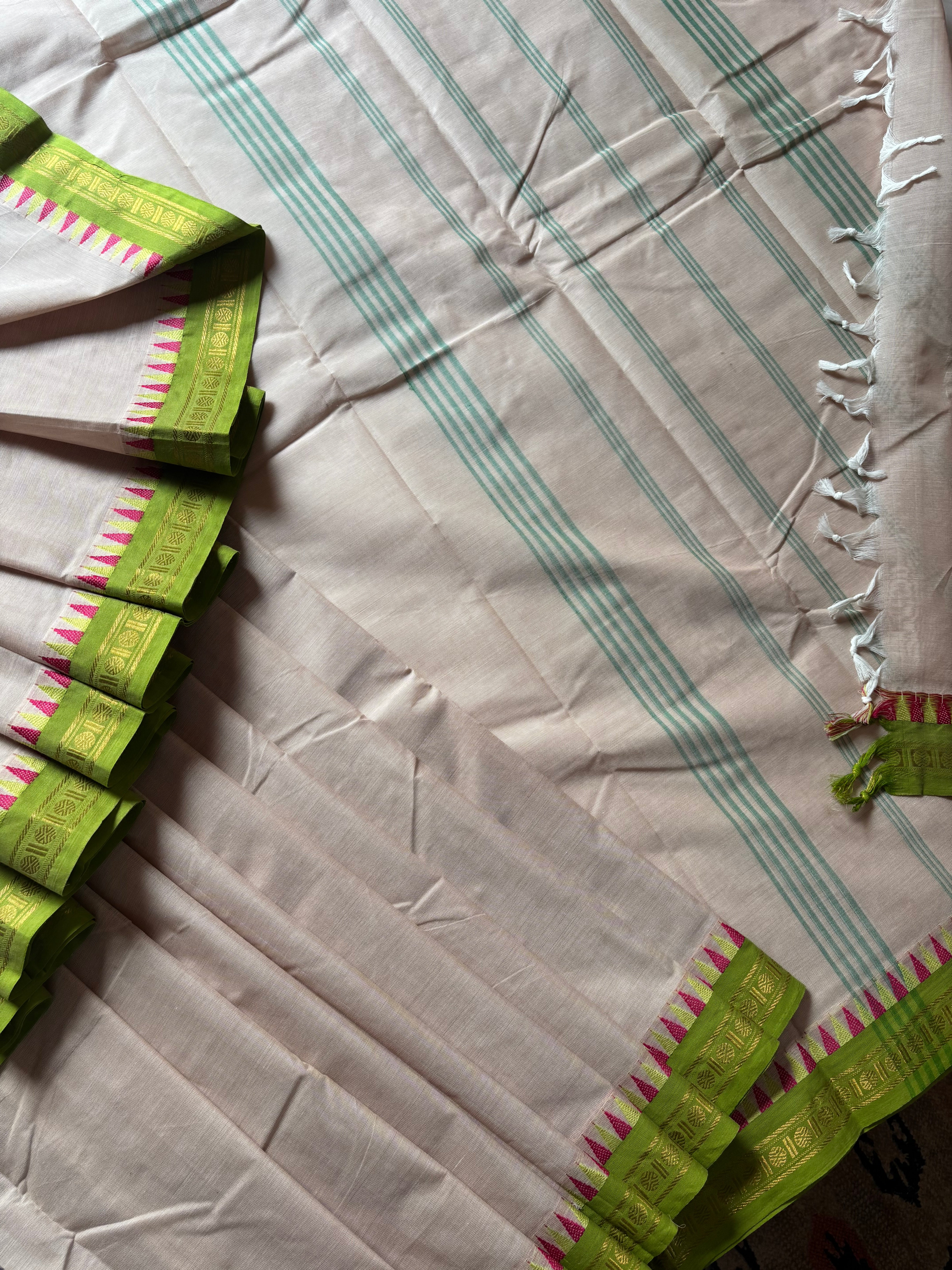 Pure Cotton Beige Green Kanchipuram saree