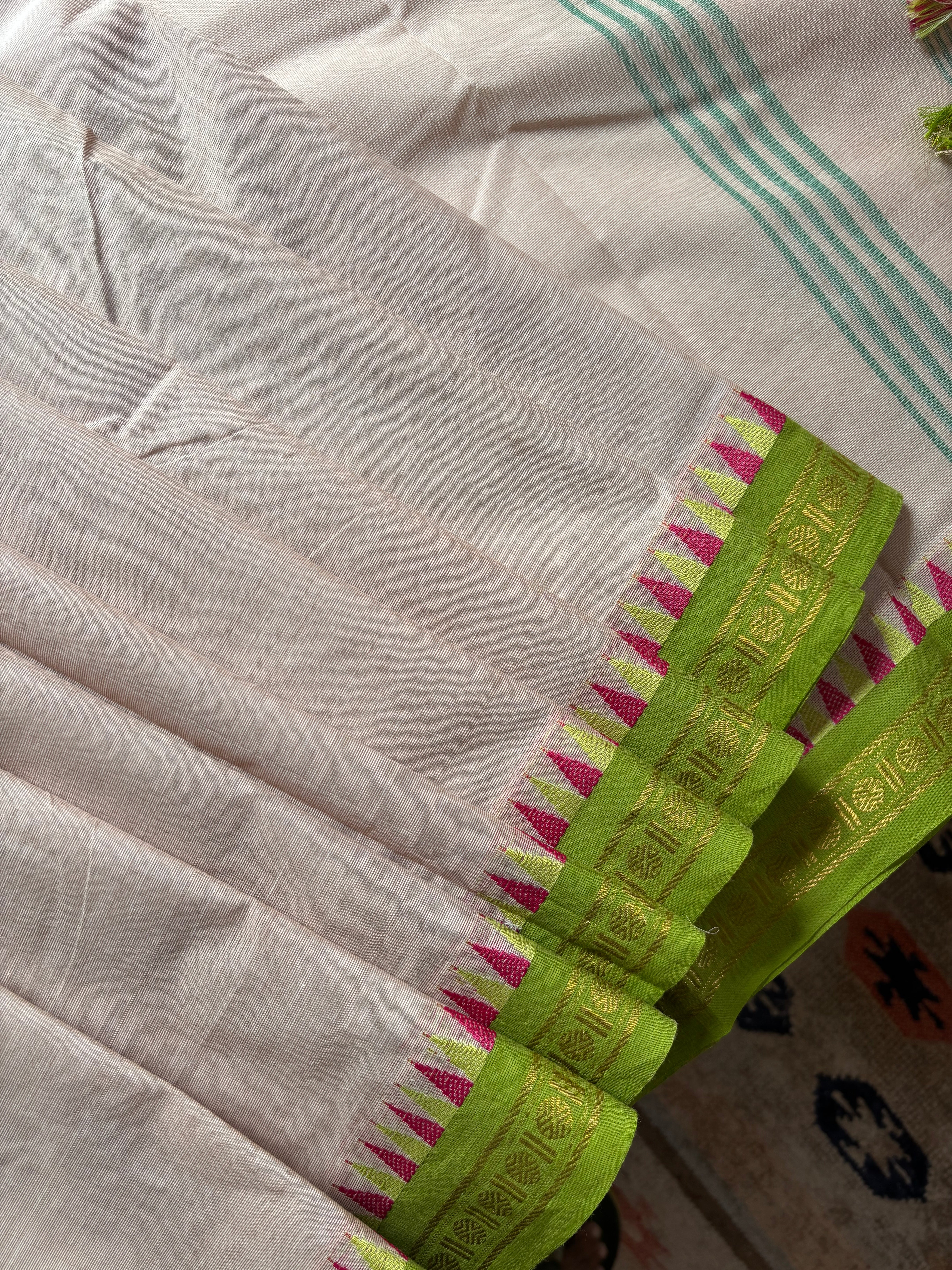 Pure Cotton Beige Green Kanchipuram saree