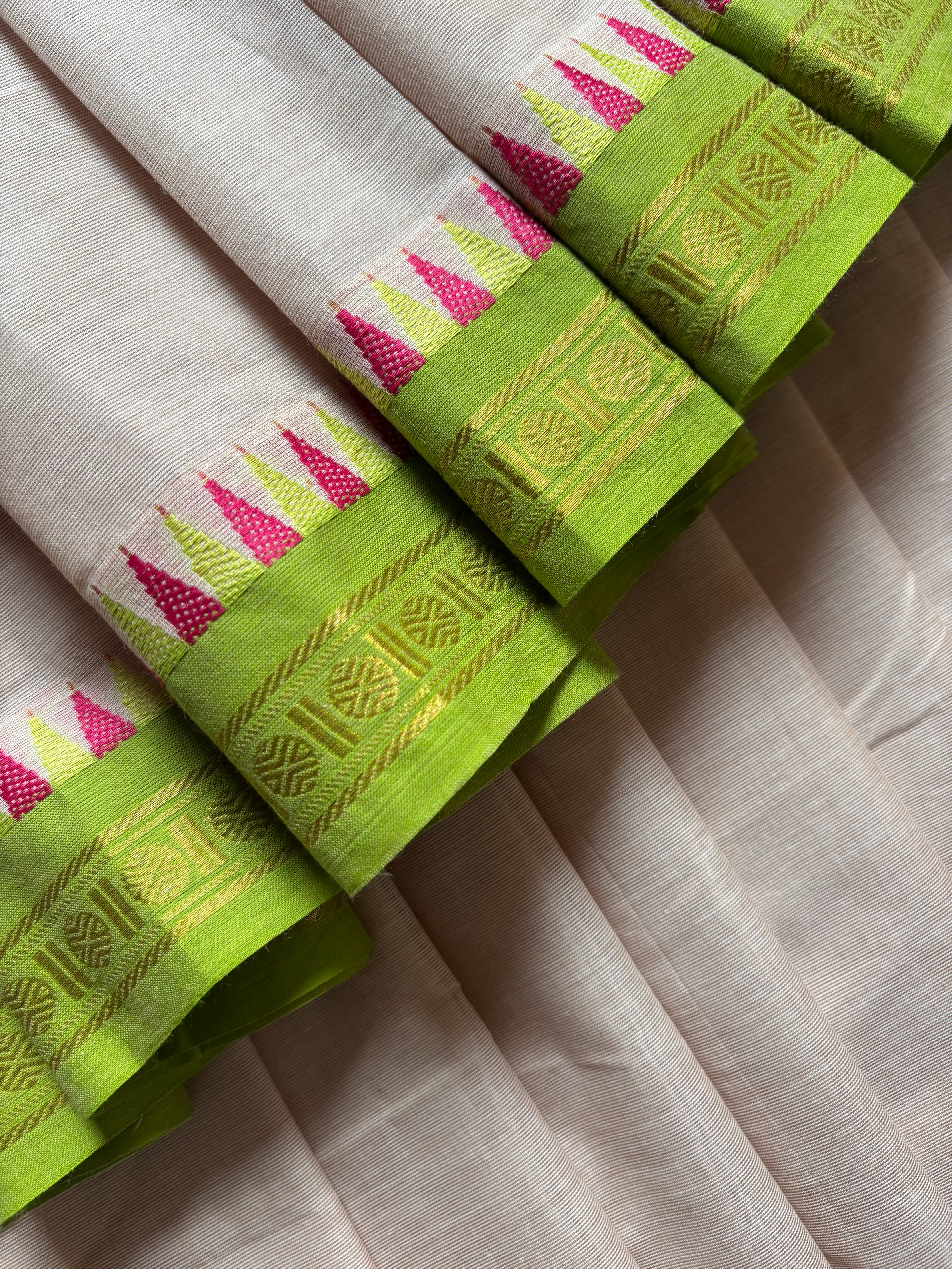 Pure Cotton Beige Green Kanchipuram saree