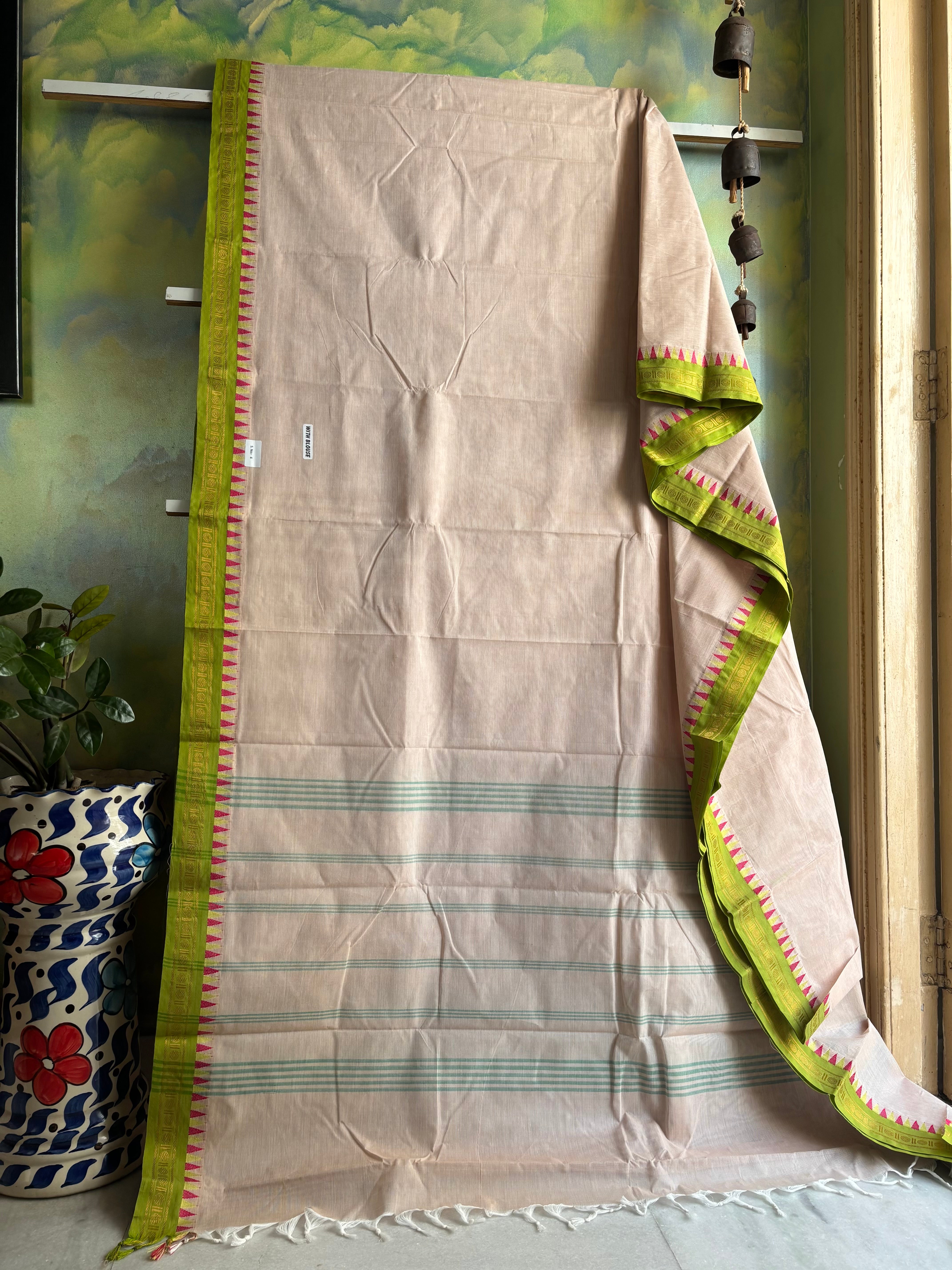 Pure Cotton Beige Green Kanchipuram saree