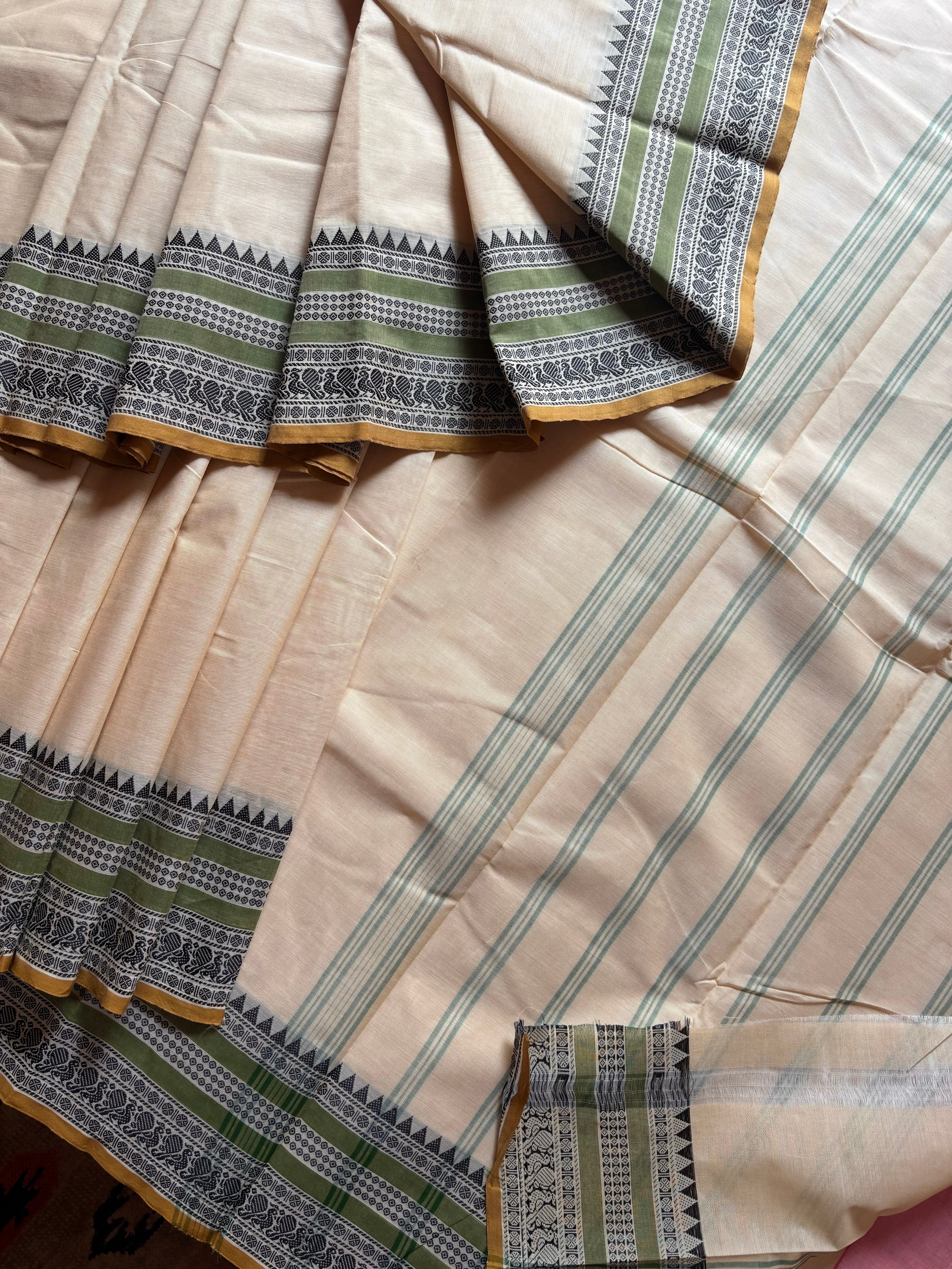 Pure Cotton Beige Green Kanchipuram Saree