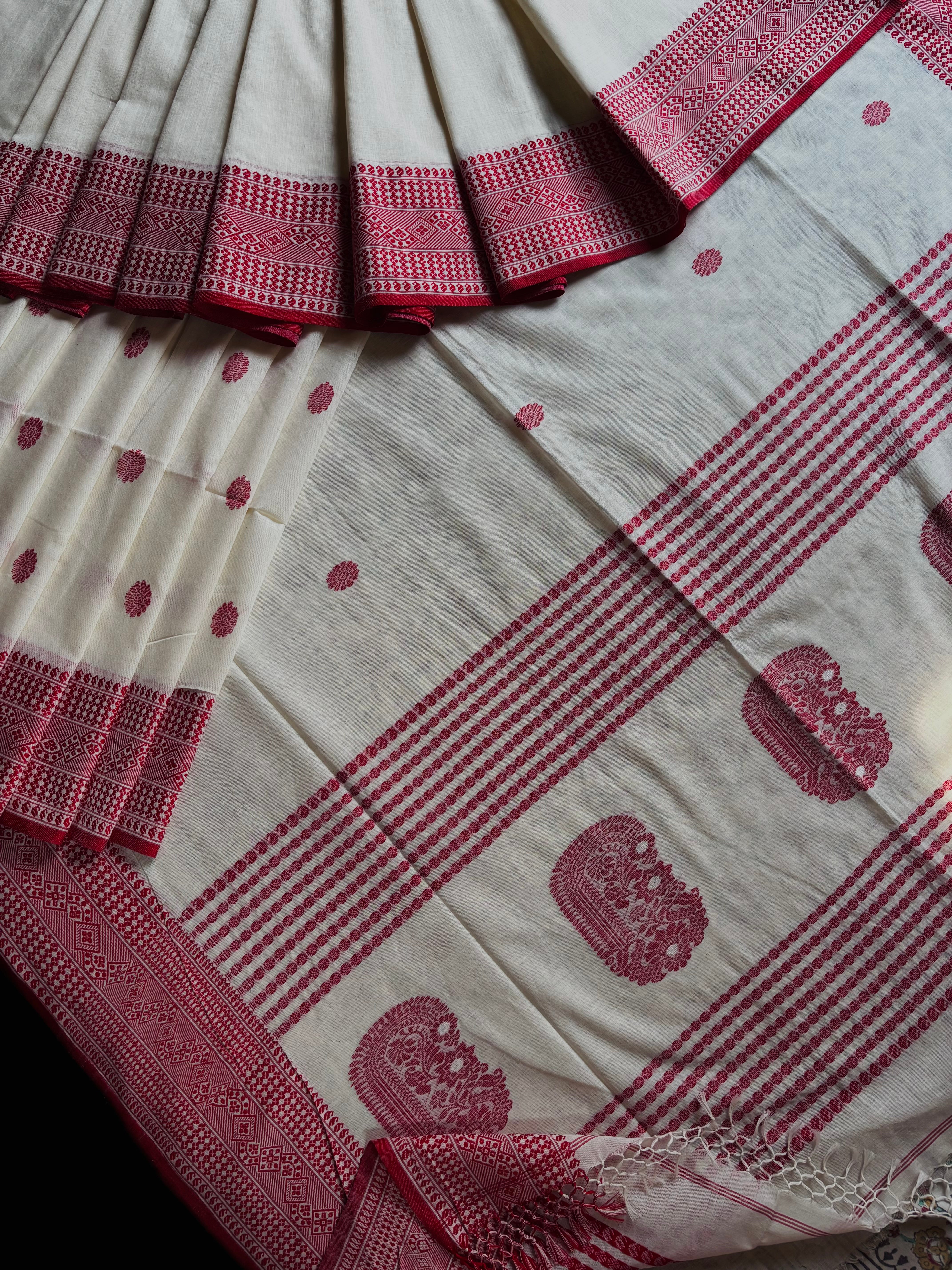 Handwoven Pearl White Red Phulia Cotton Saree