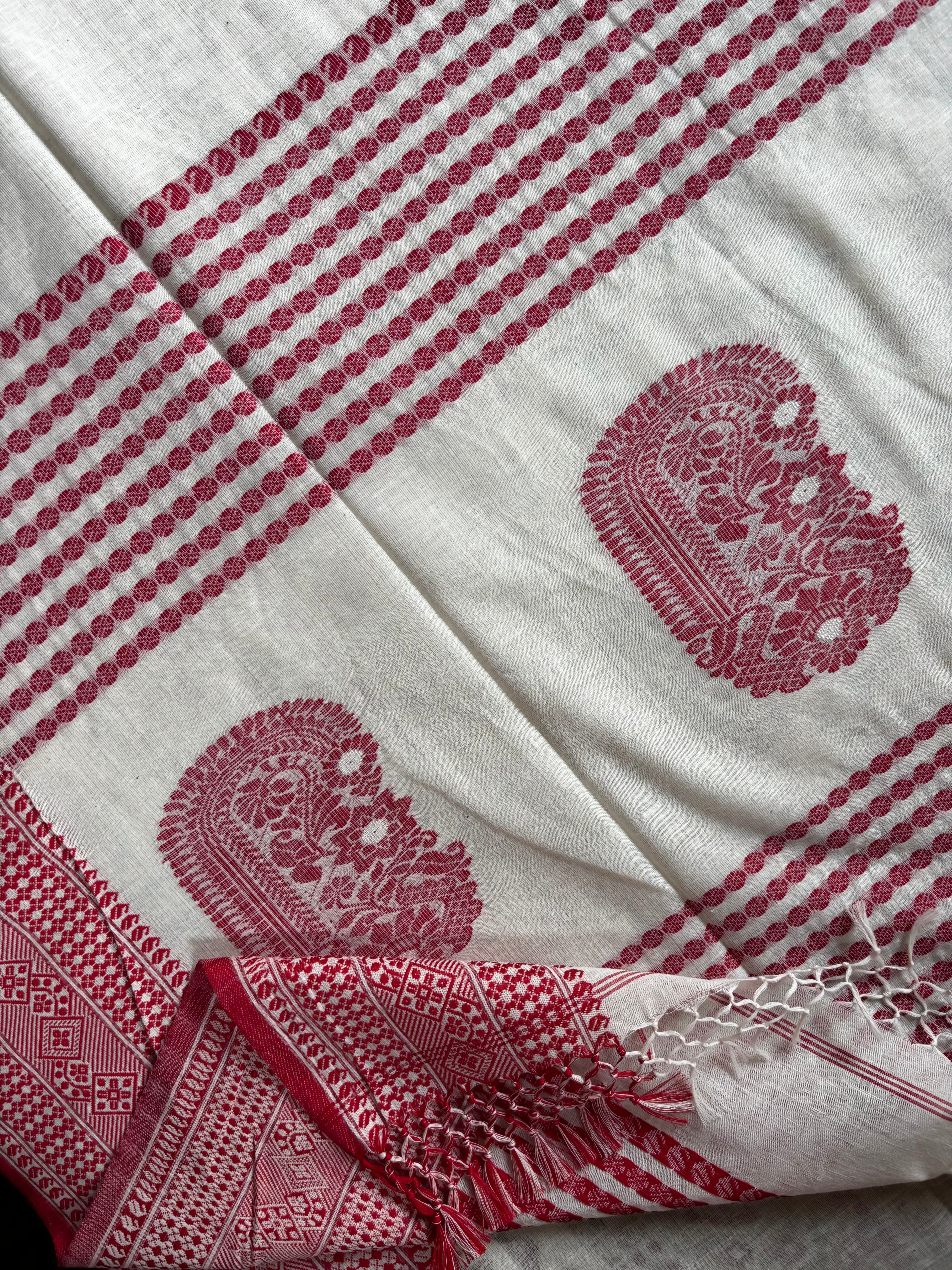 Handwoven Pearl White Red Phulia Cotton Saree