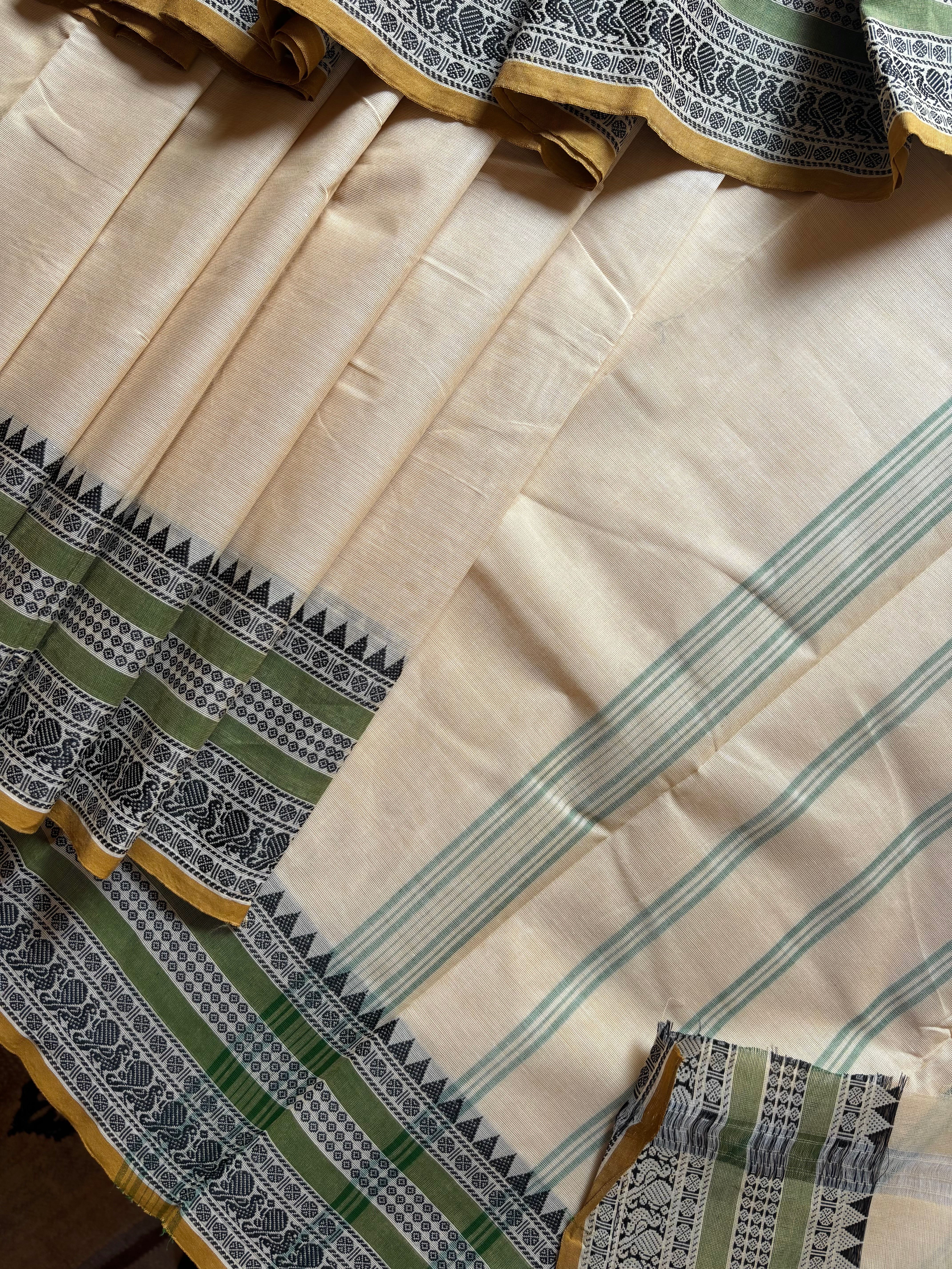 Pure Cotton Beige Green Kanchipuram Saree