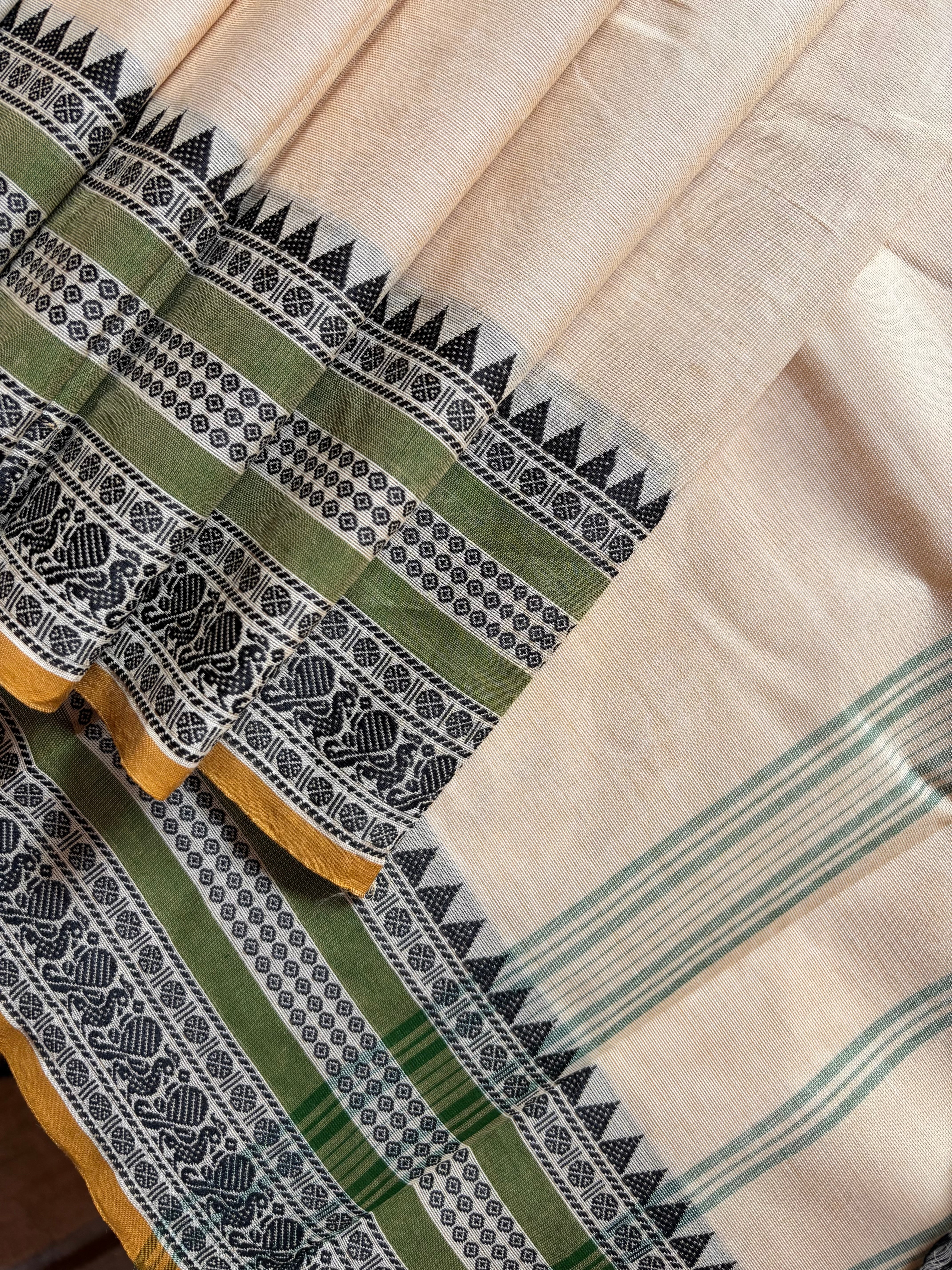Pure Cotton Beige Green Kanchipuram Saree