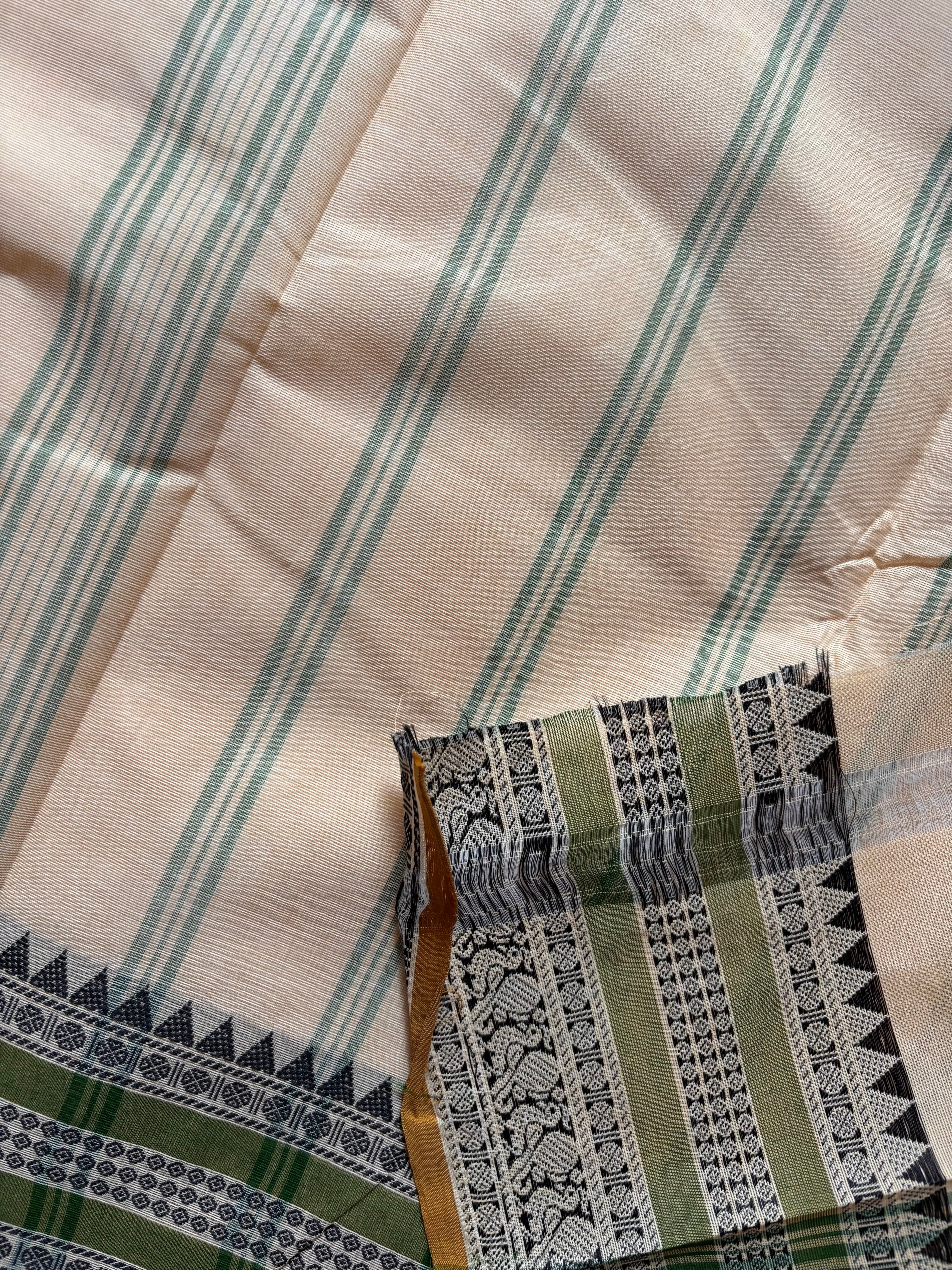 Pure Cotton Beige Green Kanchipuram Saree