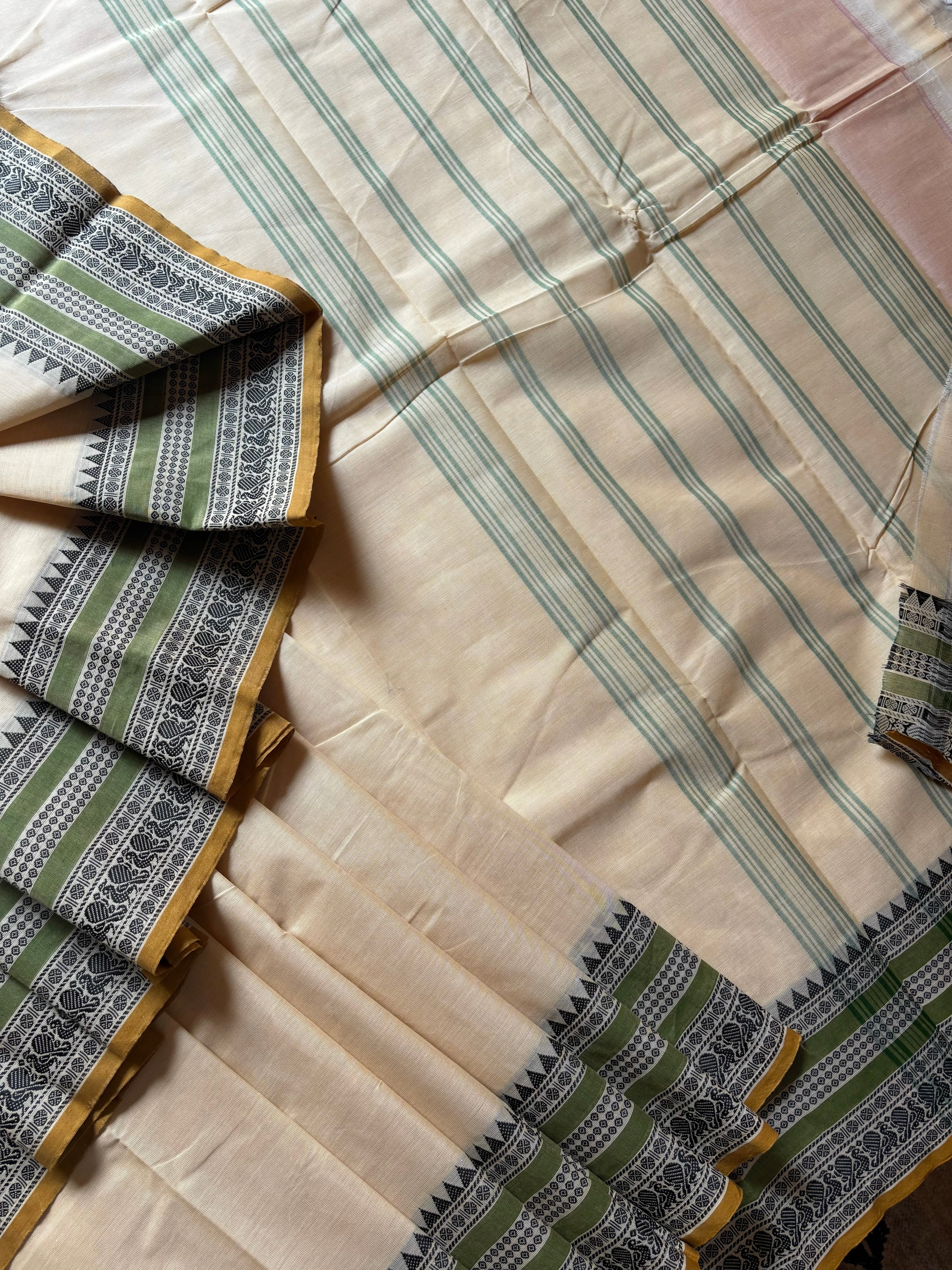 Pure Cotton Beige Green Kanchipuram Saree