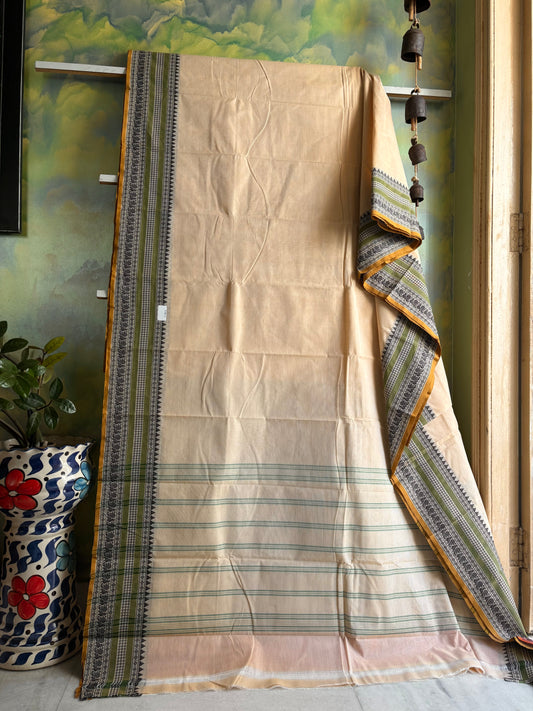 Pure Cotton Beige Green Kanchipuram Saree