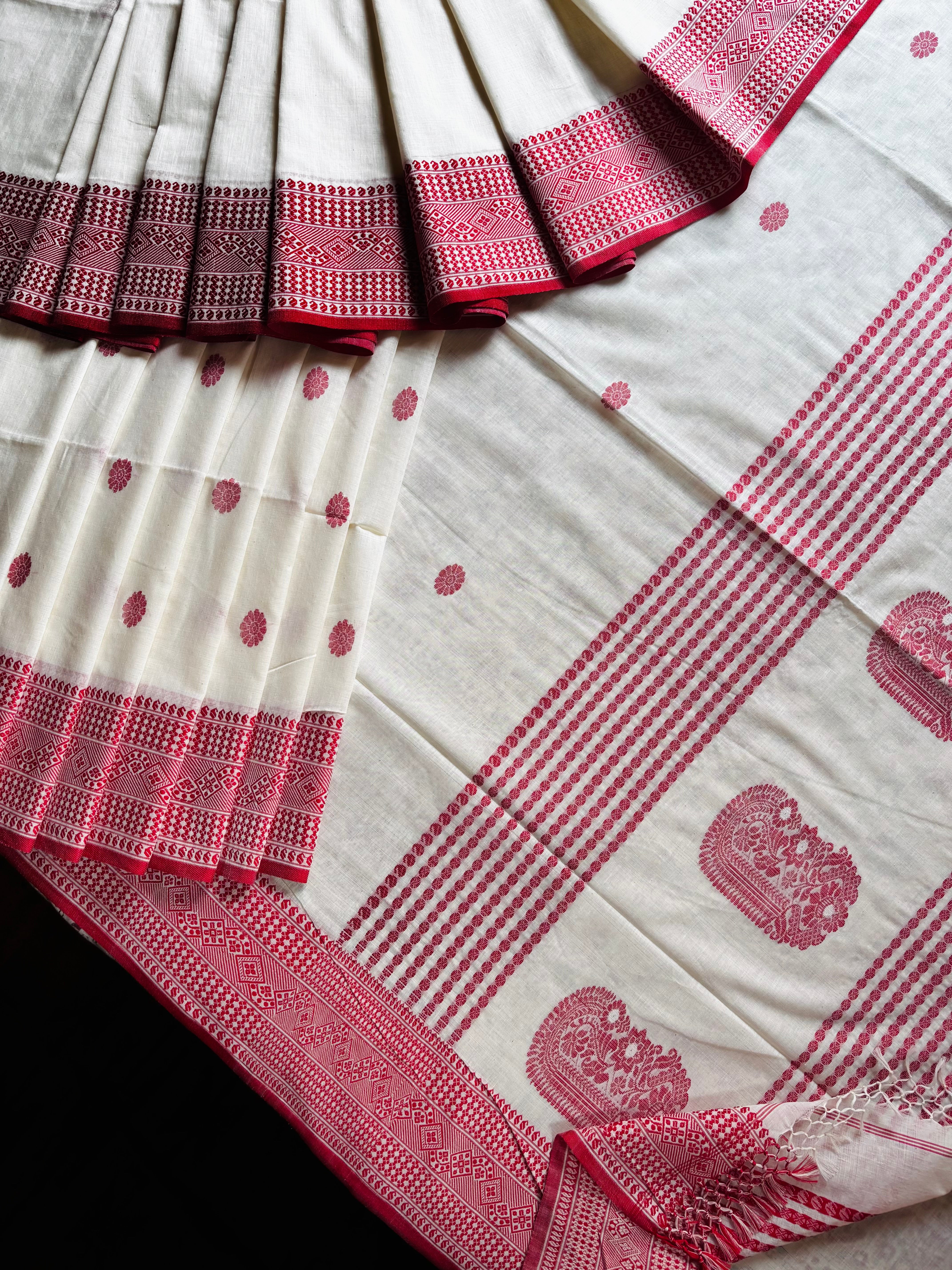 Handwoven Pearl White Red Phulia Cotton Saree