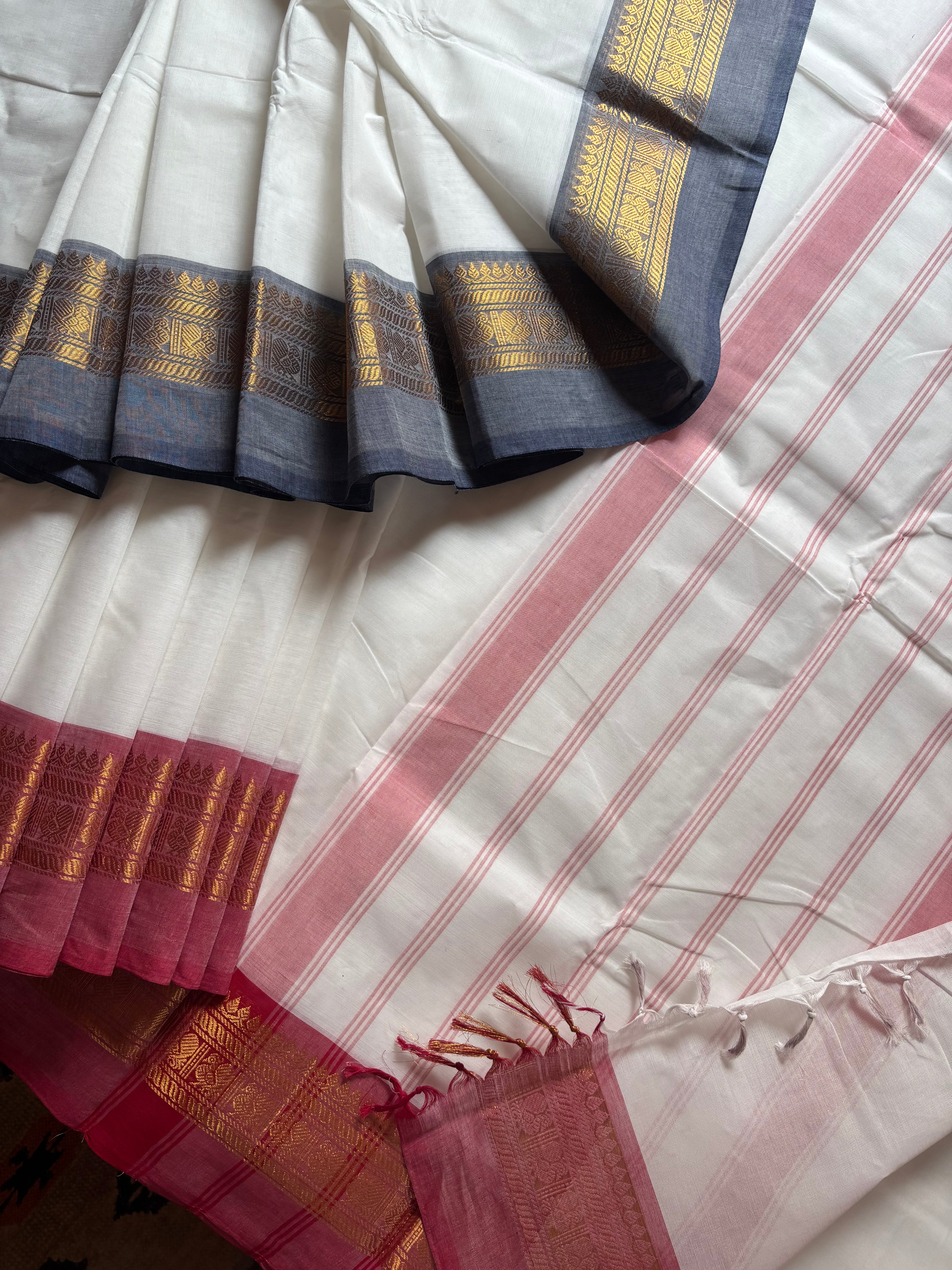 Pure Cotton White Ganga Yamuna Border Kanchipuram Saree