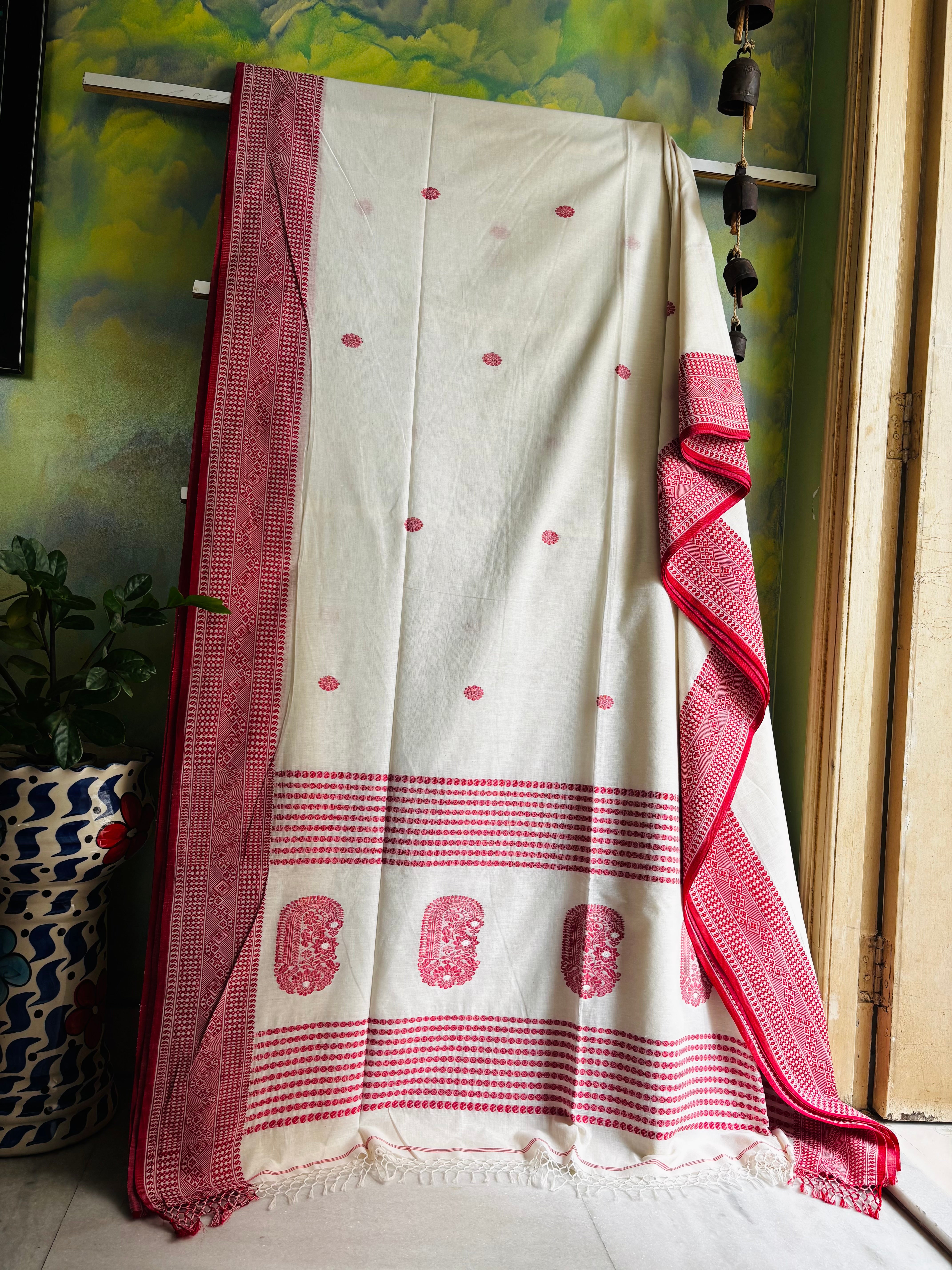 Handwoven Pearl White Red Phulia Cotton Saree