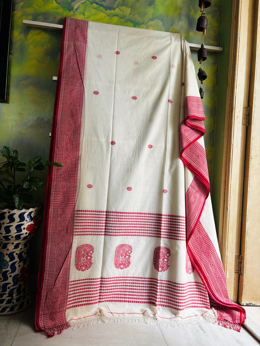 Handwoven Pearl White Red Phulia Cotton Saree