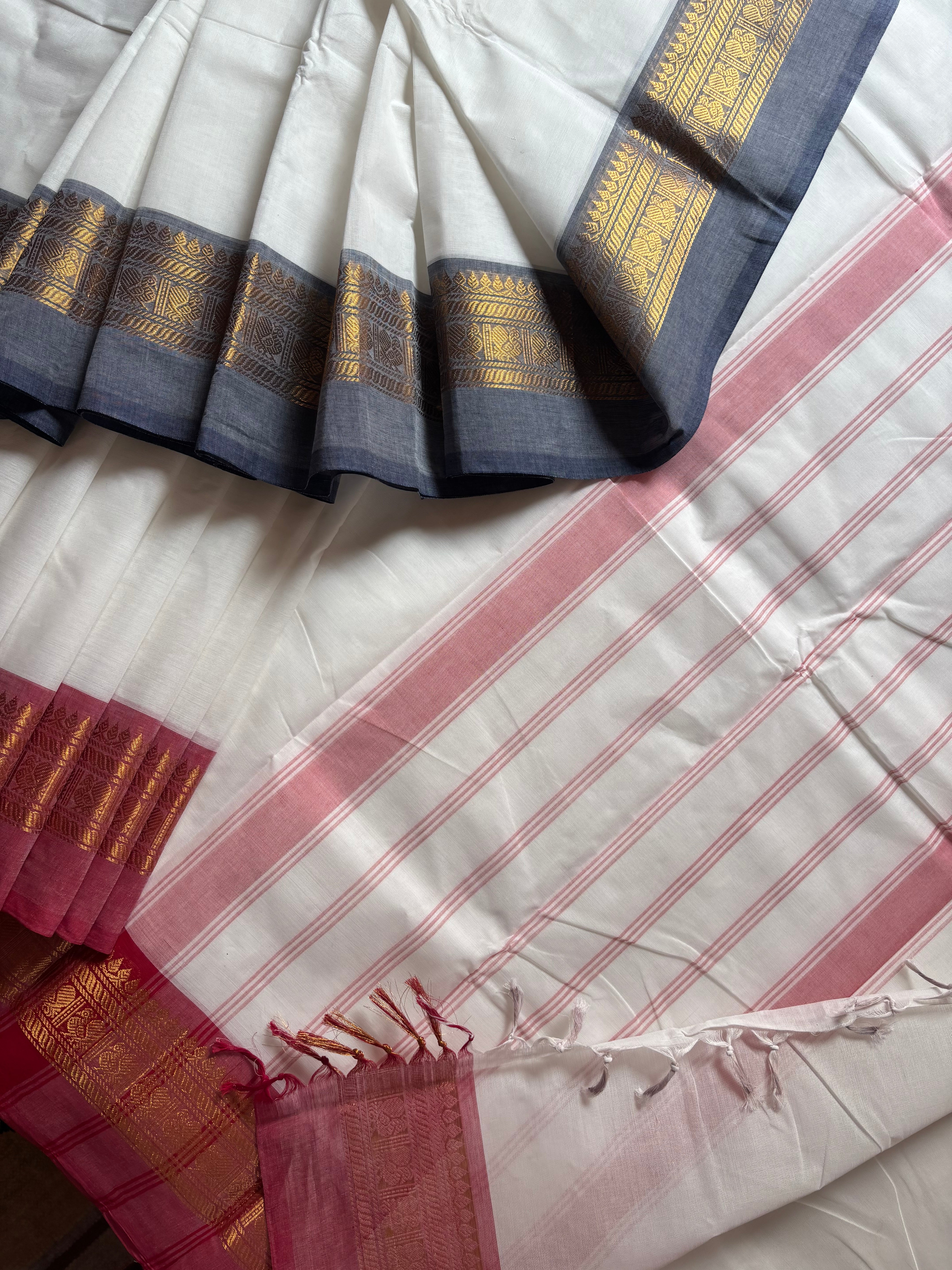 Pure Cotton White Ganga Yamuna Border Kanchipuram Saree