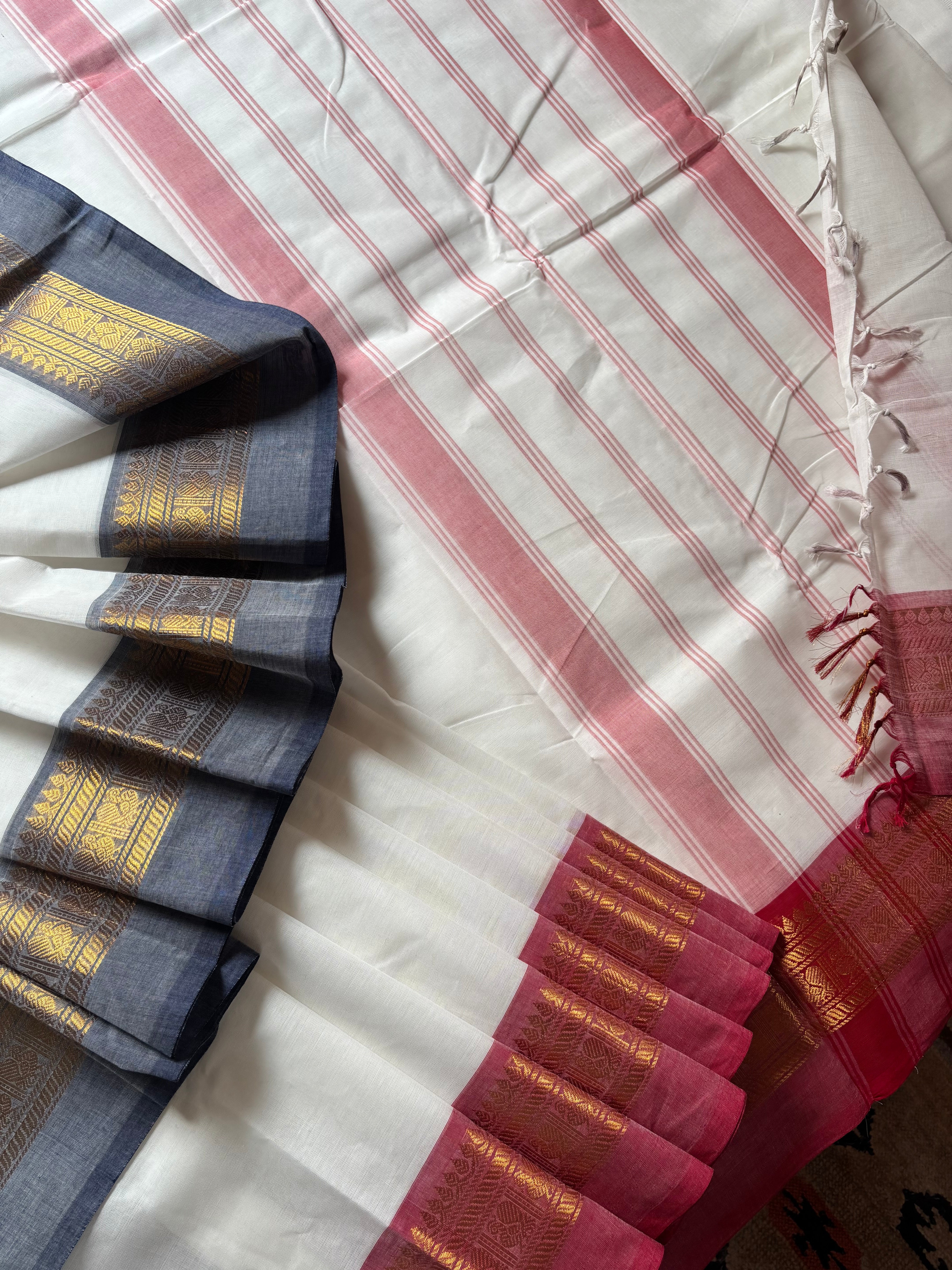 Pure Cotton White Ganga Yamuna Border Kanchipuram Saree