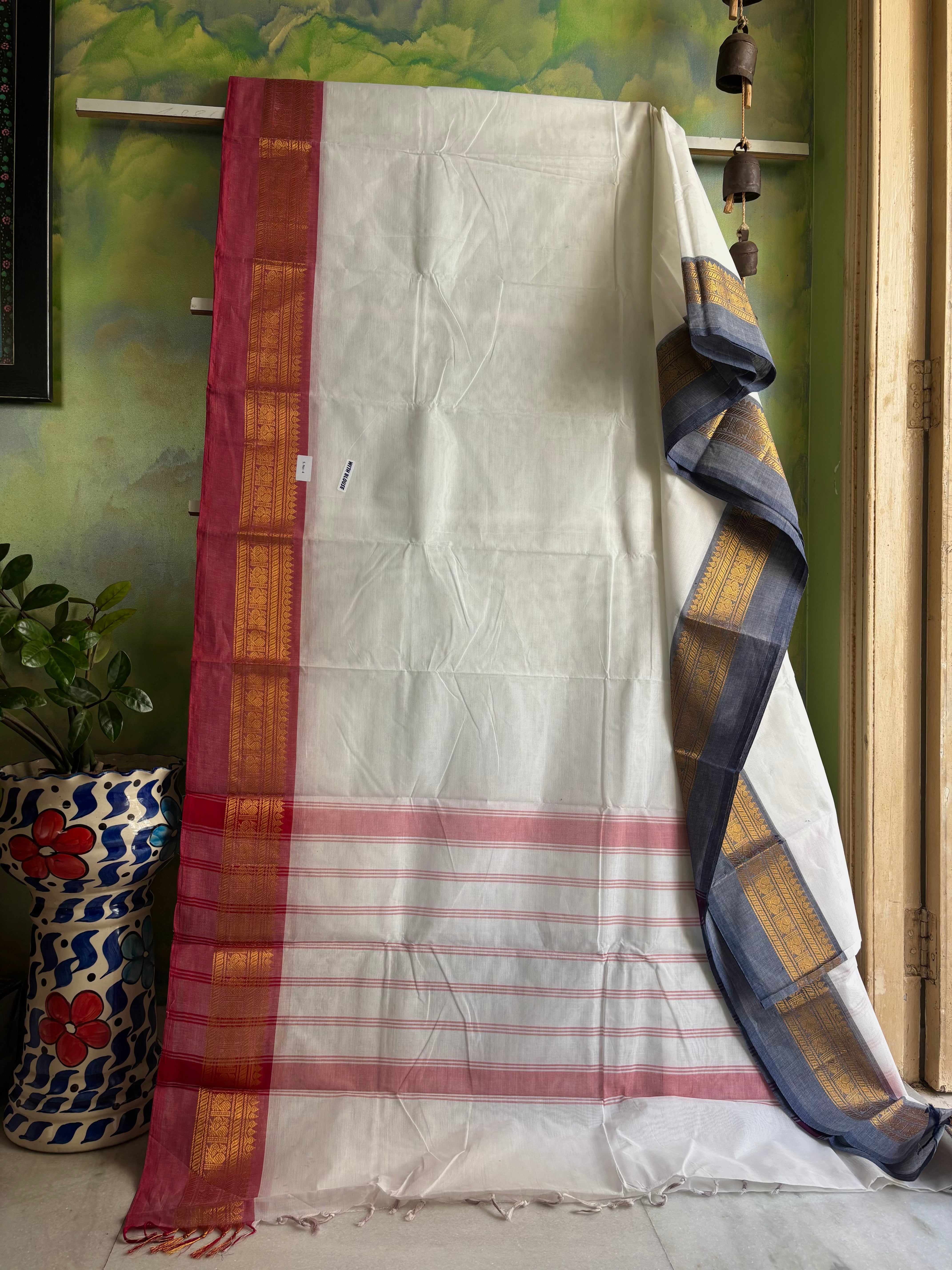 Pure Cotton White Ganga Yamuna Border Kanchipuram Saree