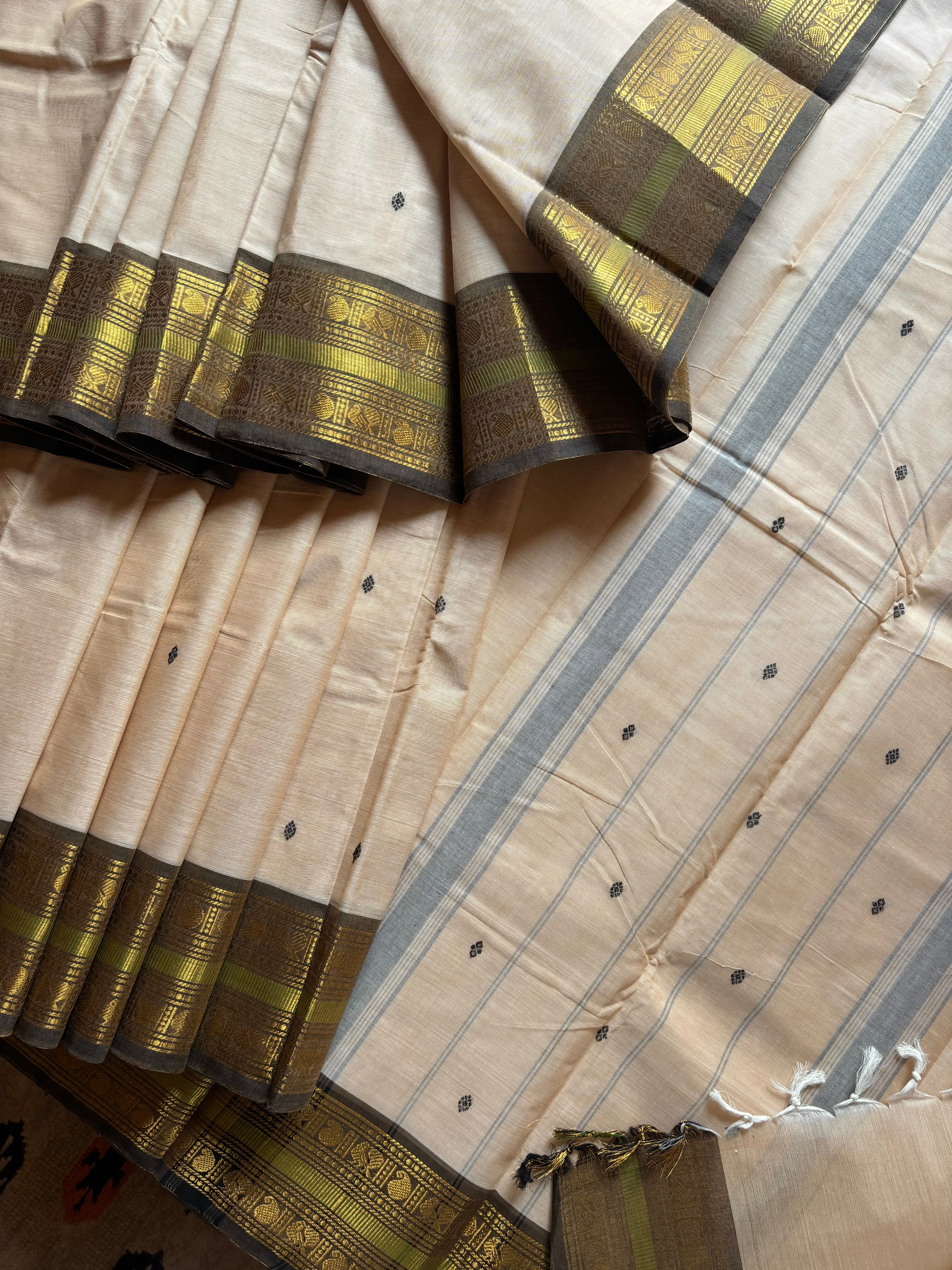 Pure Cotton Beige Black Kanchipuram Saree
