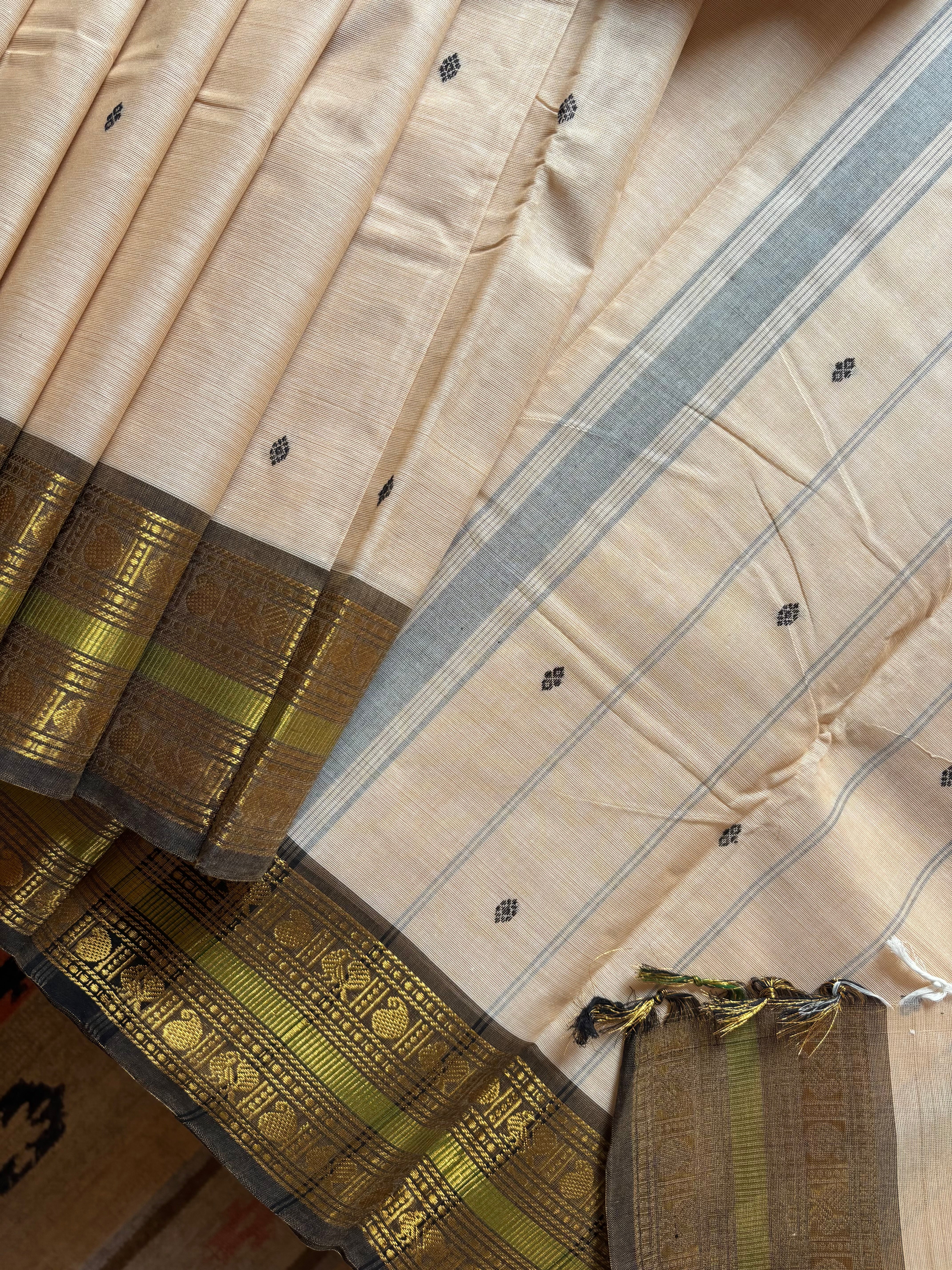 Pure Cotton Beige Black Kanchipuram Saree