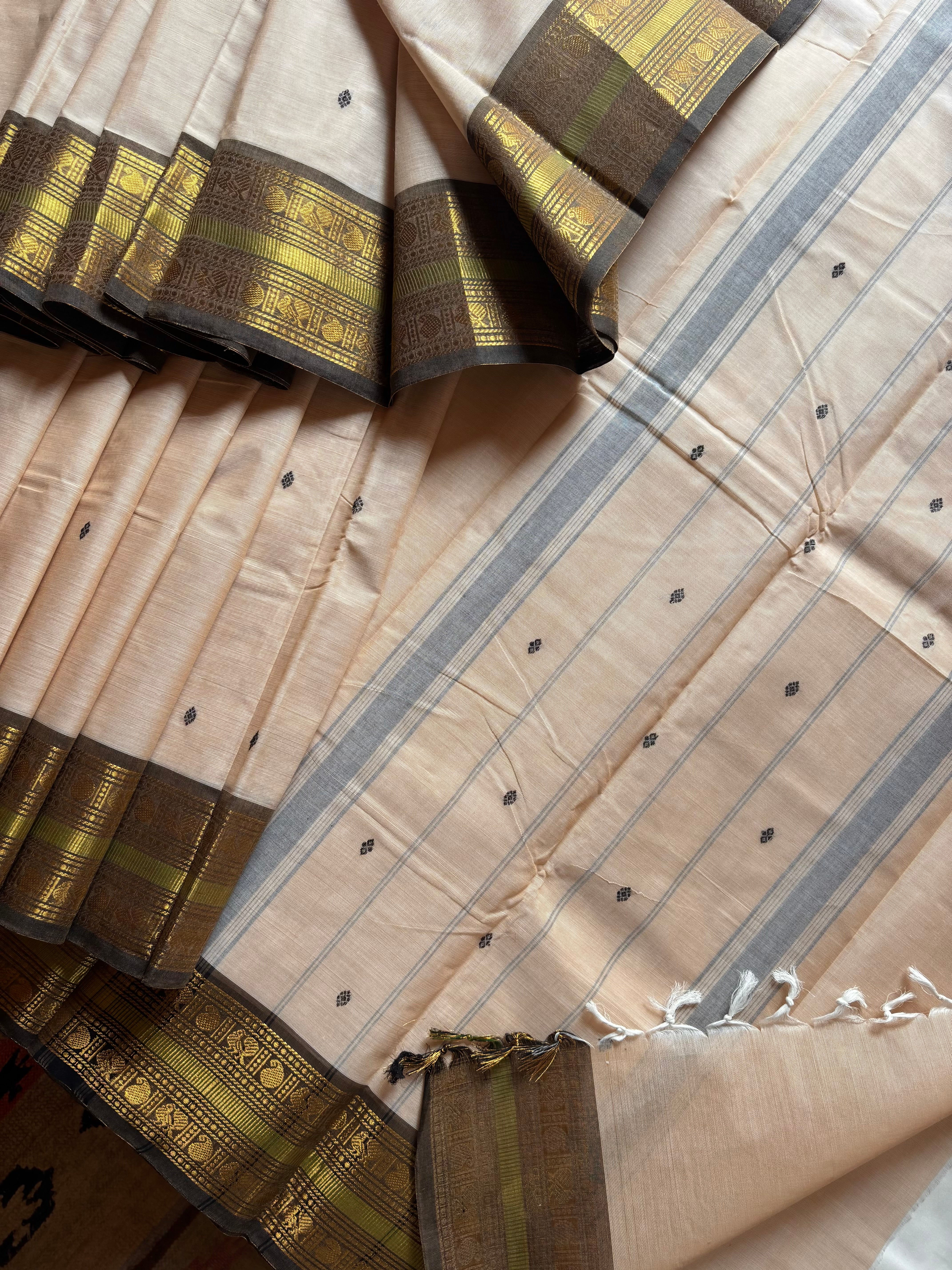 Pure Cotton Beige Black Kanchipuram Saree