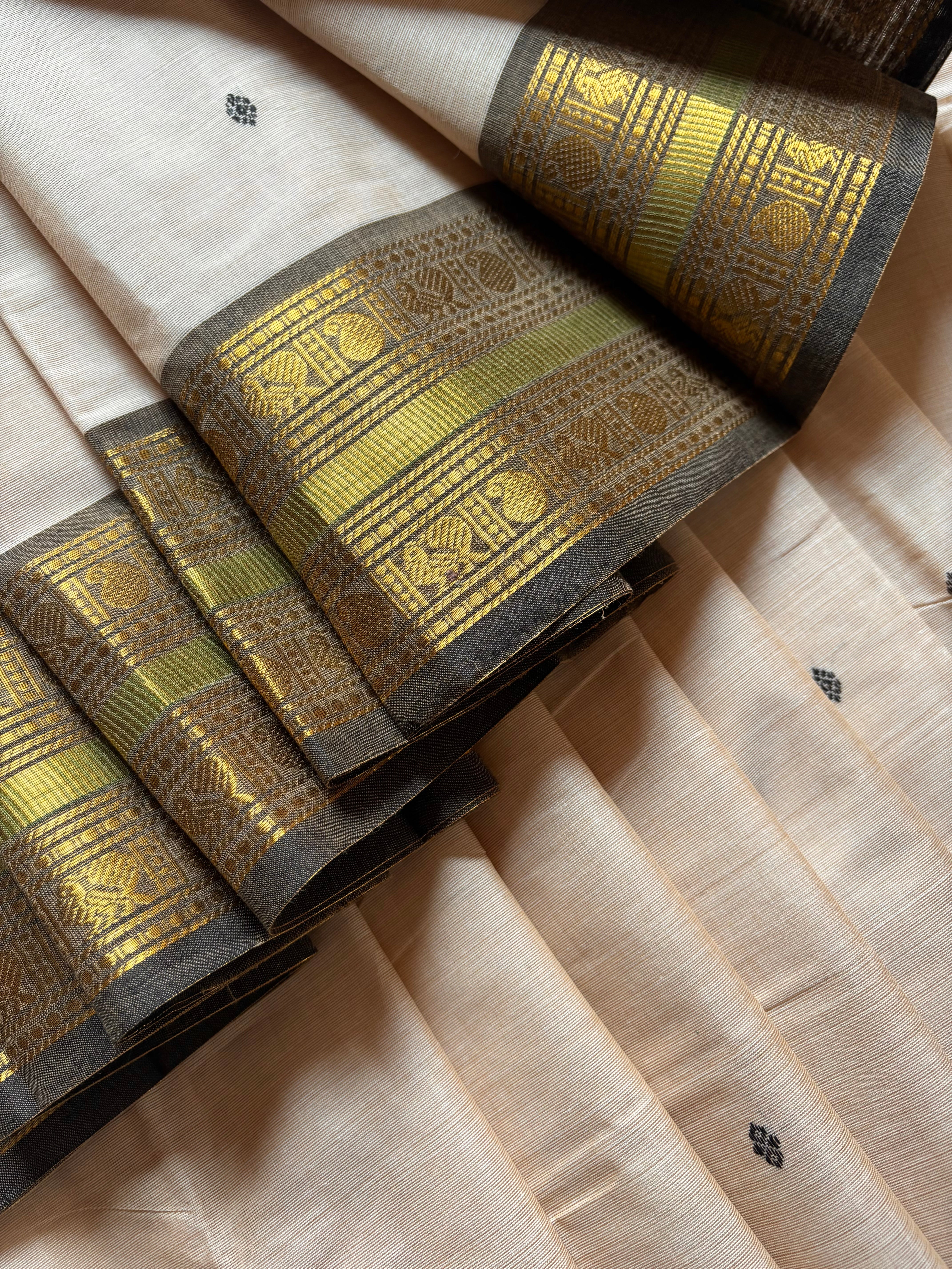Pure Cotton Beige Black Kanchipuram Saree
