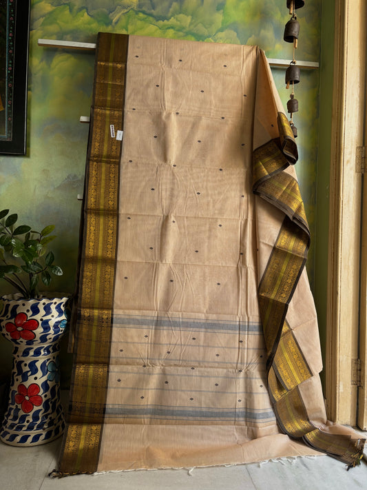Pure Cotton Beige Black Kanchipuram Saree